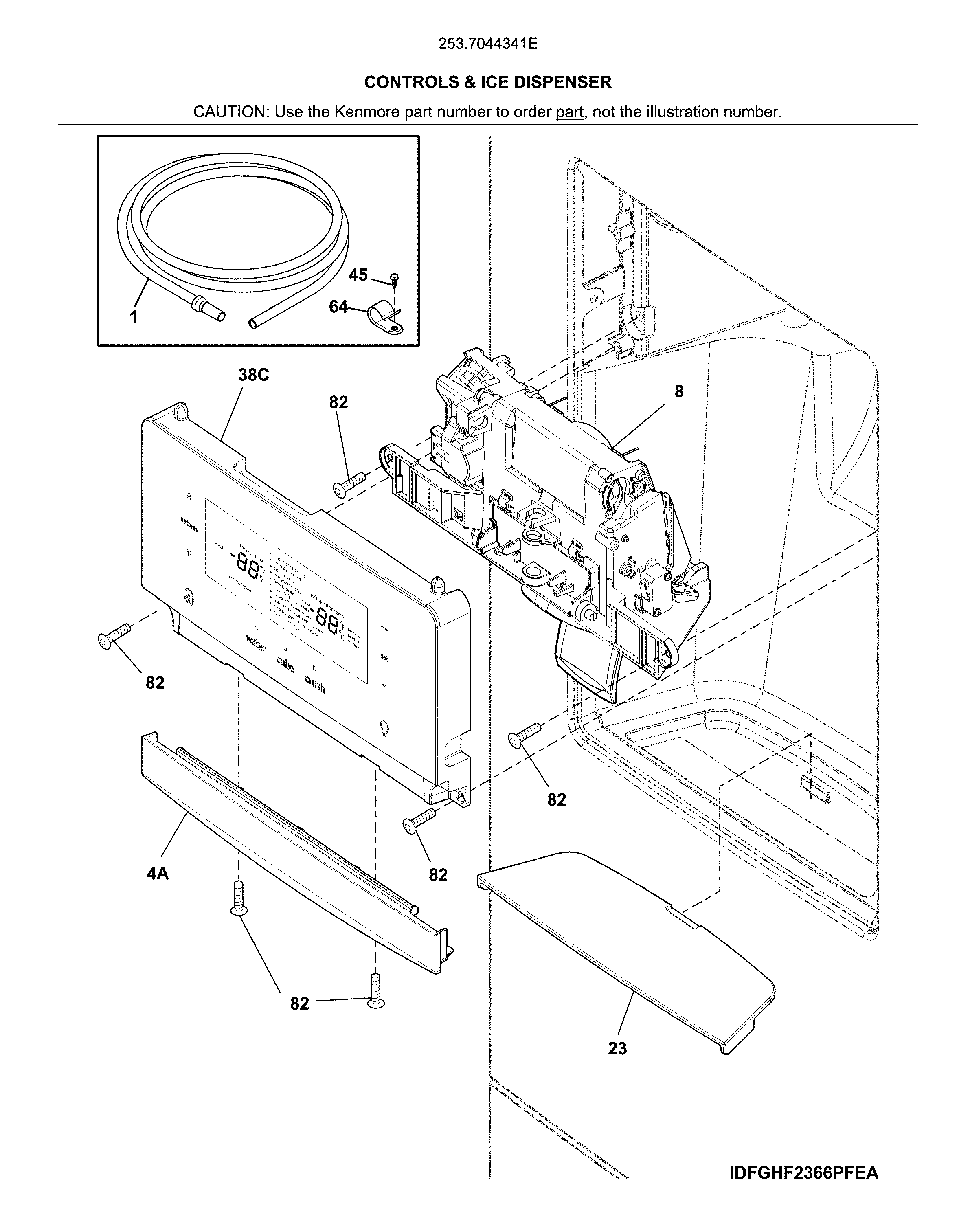 Kenmore 2537044341E controls & ice dispenser diagram