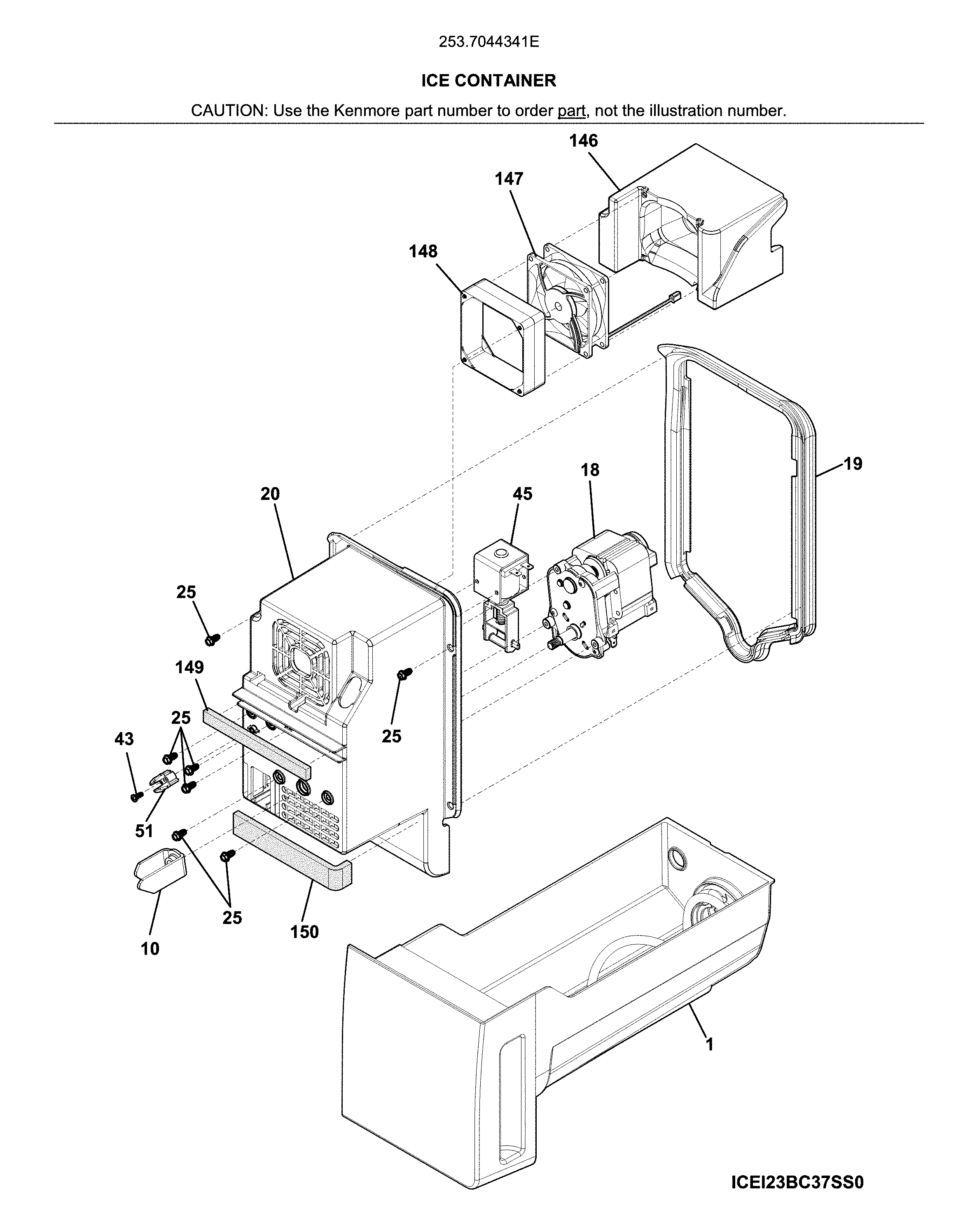 Kenmore 2537044341E ice container diagram