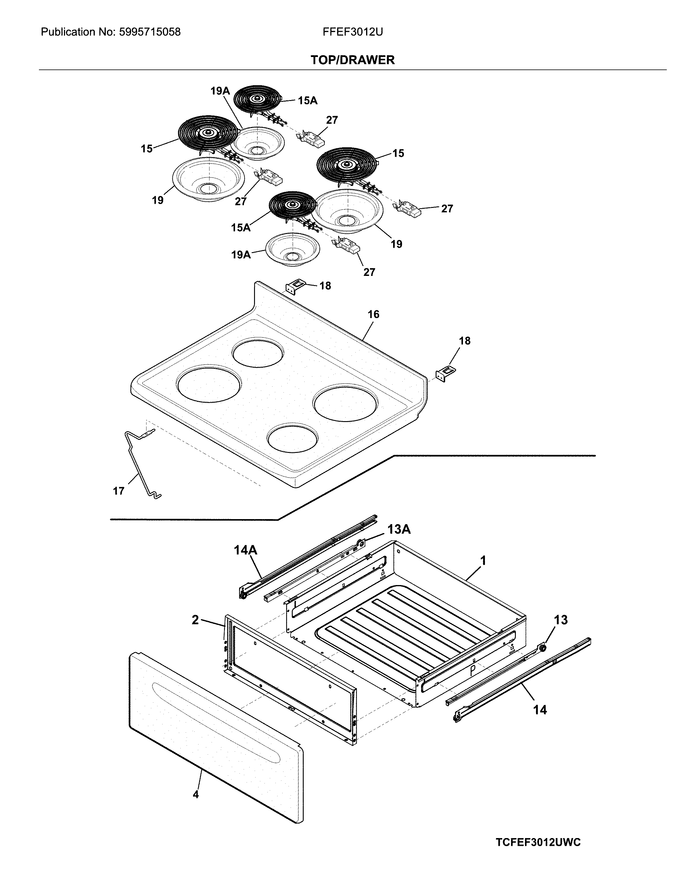 Frigidaire FFEF3012UWC top/drawer diagram