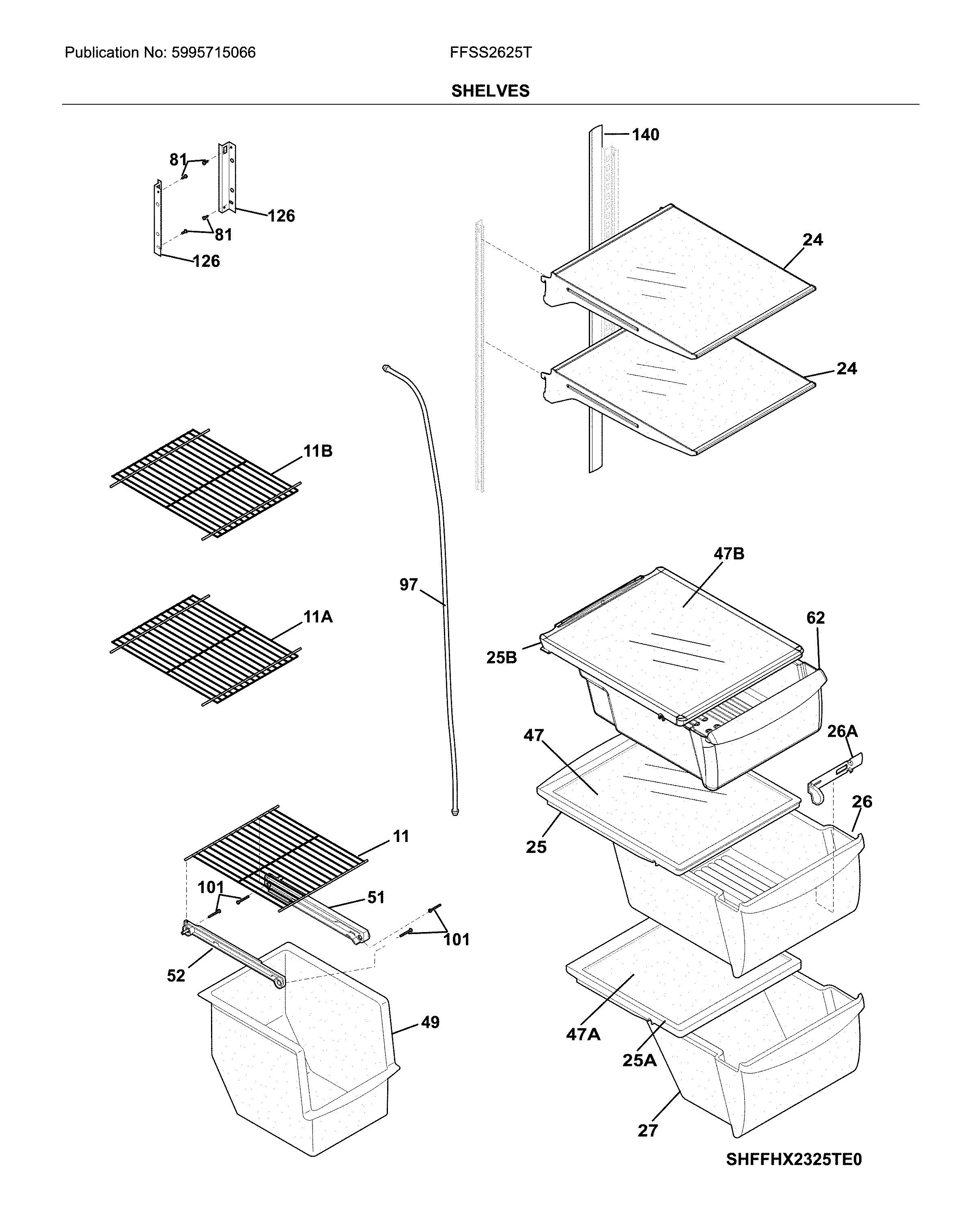 Frigidaire FFSS2625TE1 shelves diagram