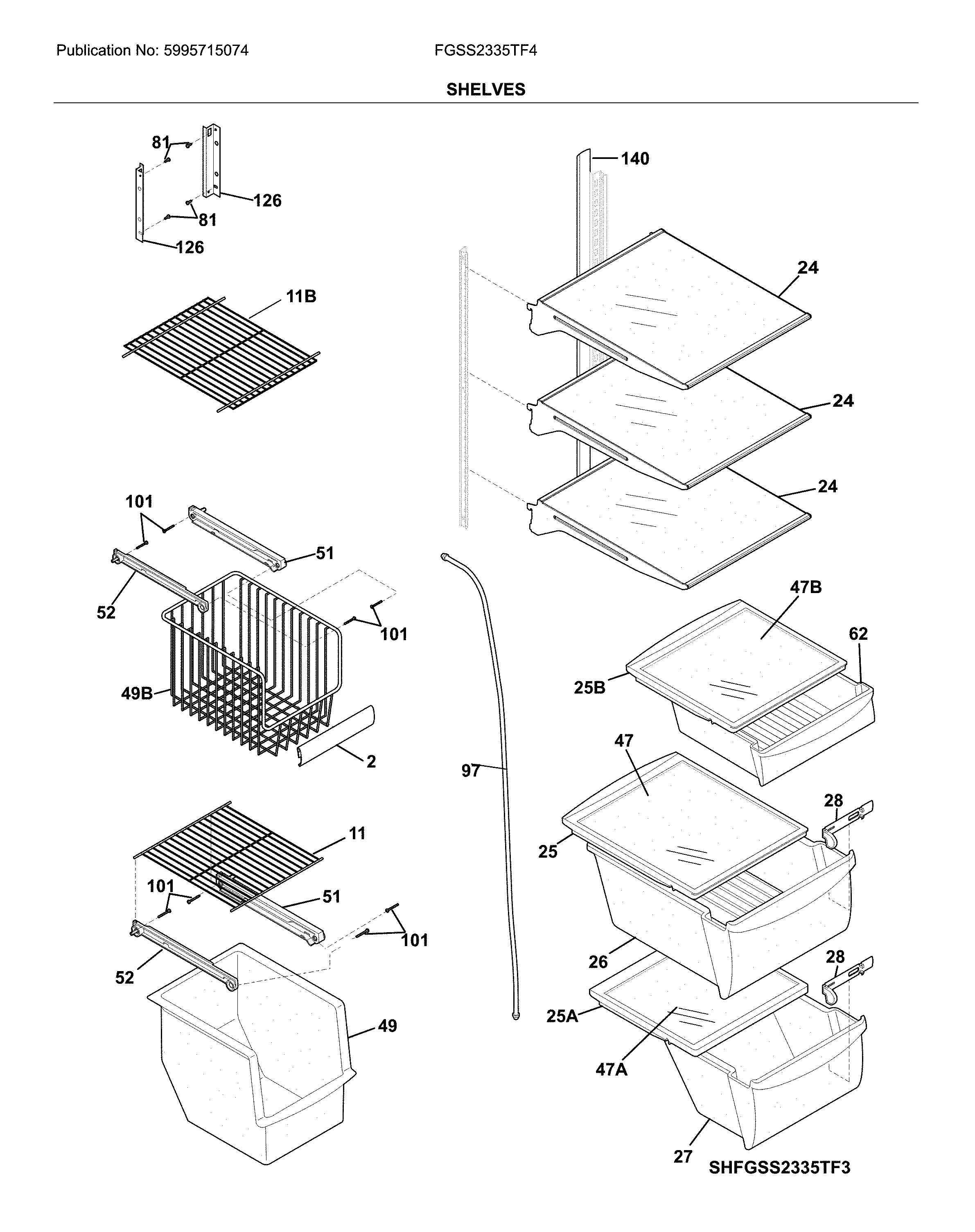 Frigidaire FGSS2335TF4 shelves diagram