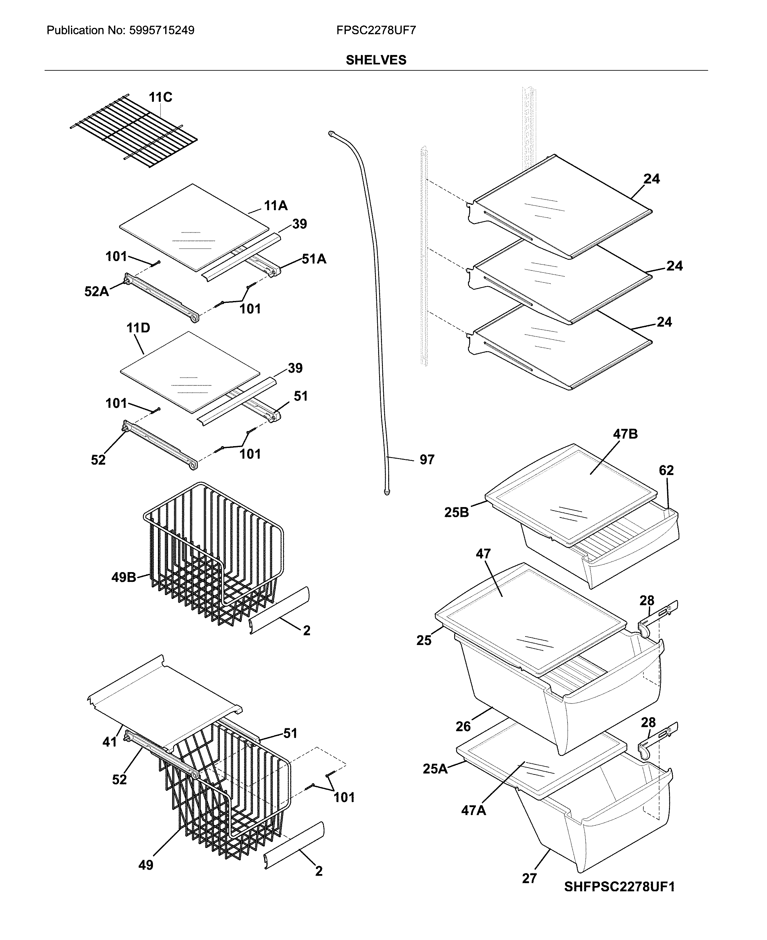 Frigidaire FPSC2278UF7 shelves diagram