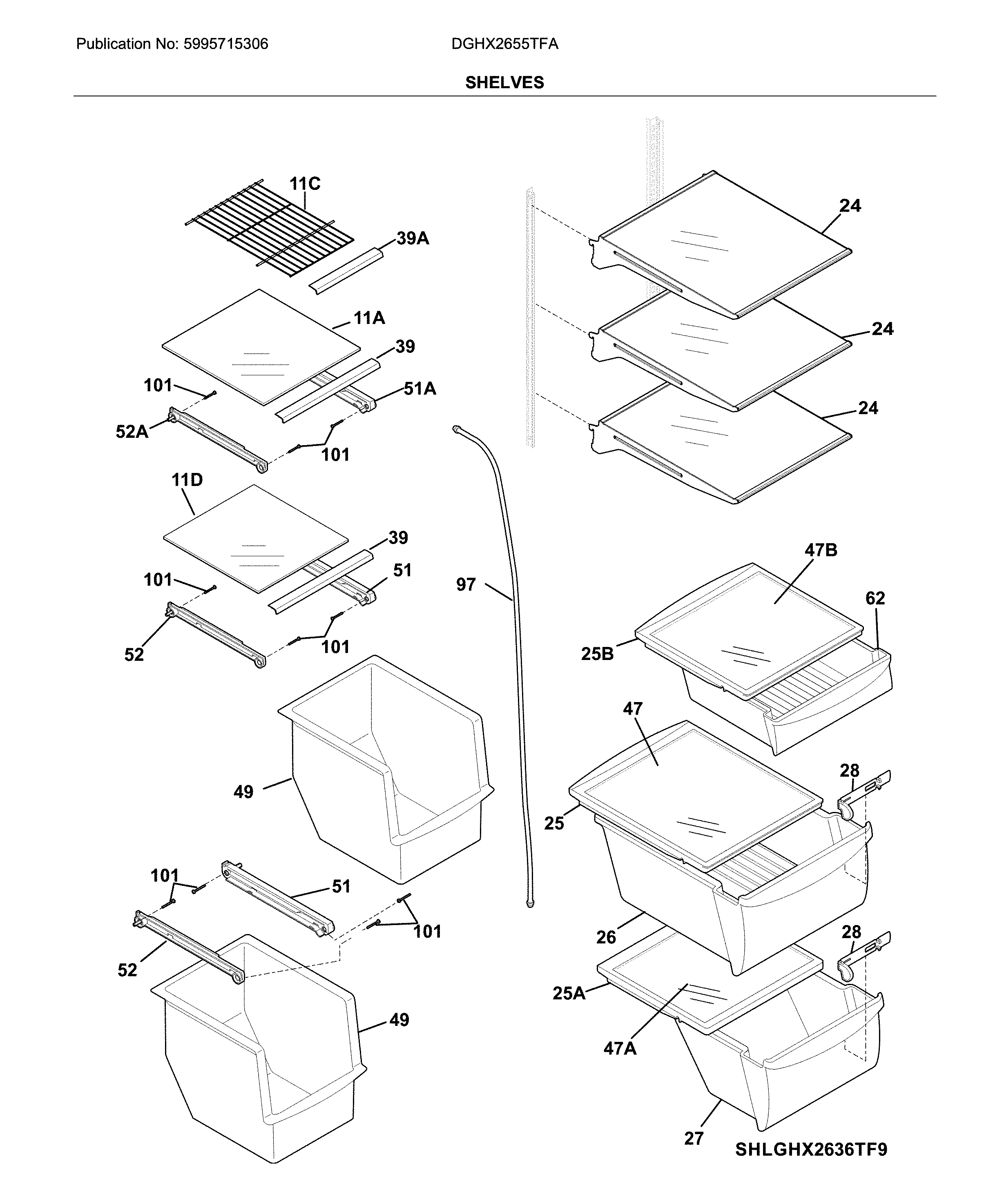 Frigidaire DGHX2655TFA shelves diagram