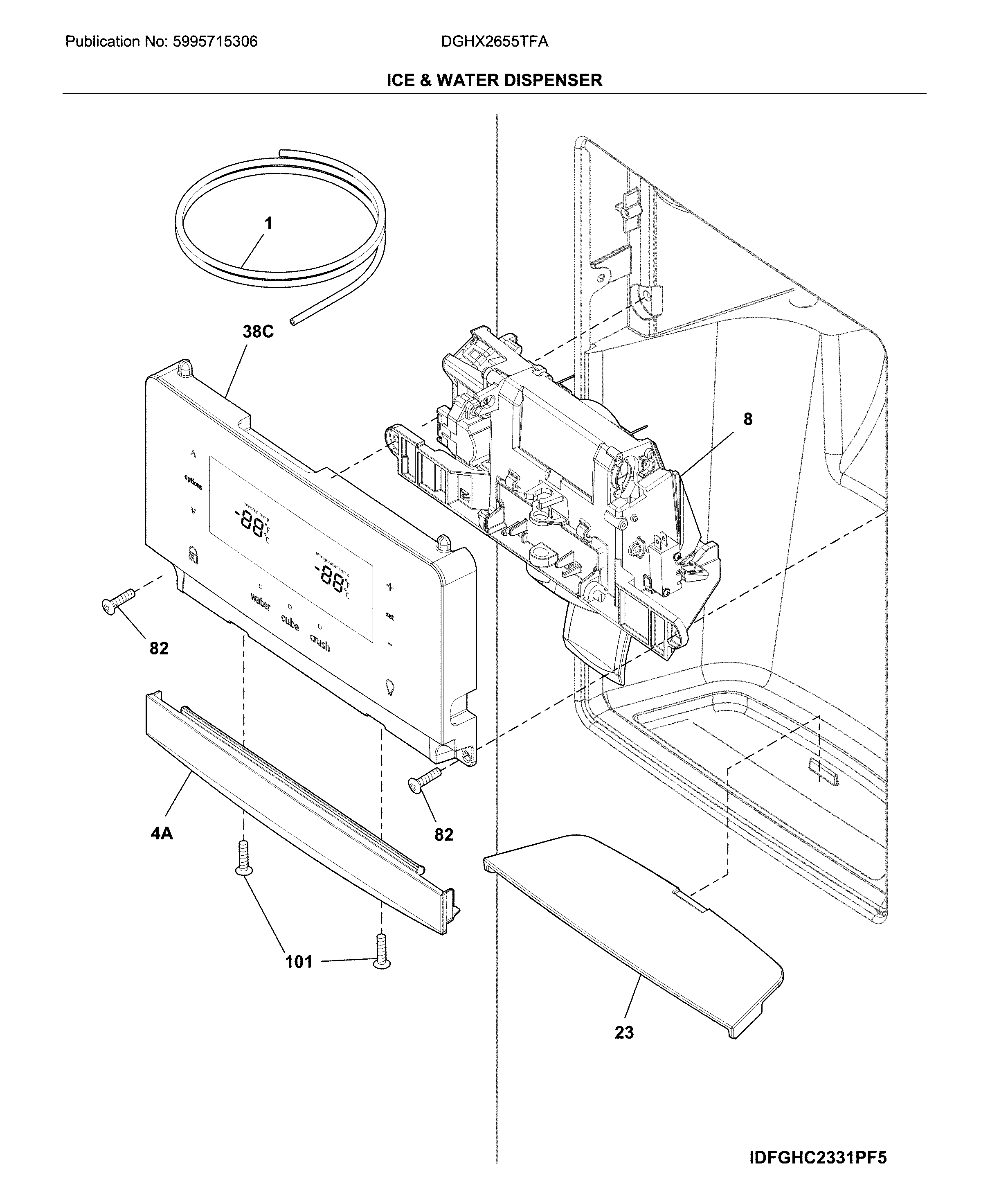 Frigidaire DGHX2655TFA ice & water dispenser diagram