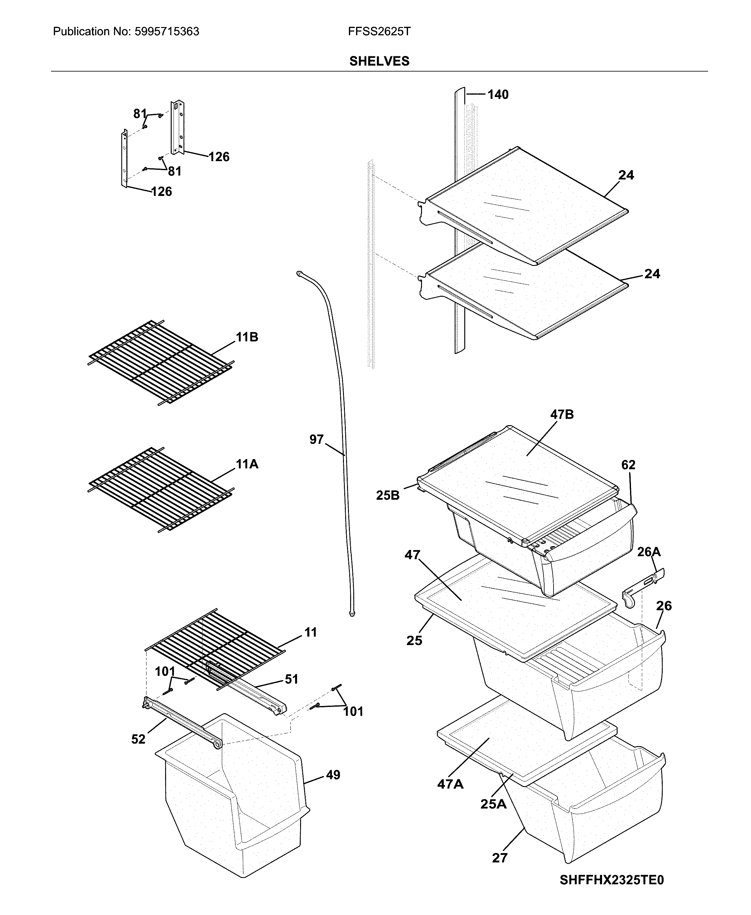 Frigidaire FFSS2625TE2 shelves diagram