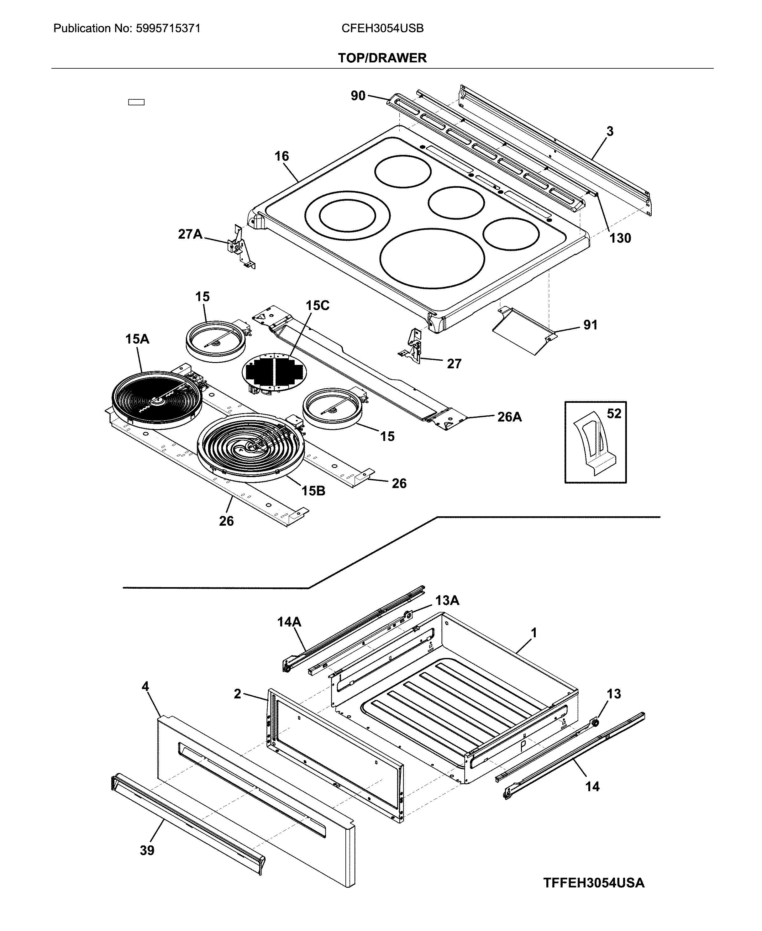 Frigidaire CFEH3054USB top/drawer diagram
