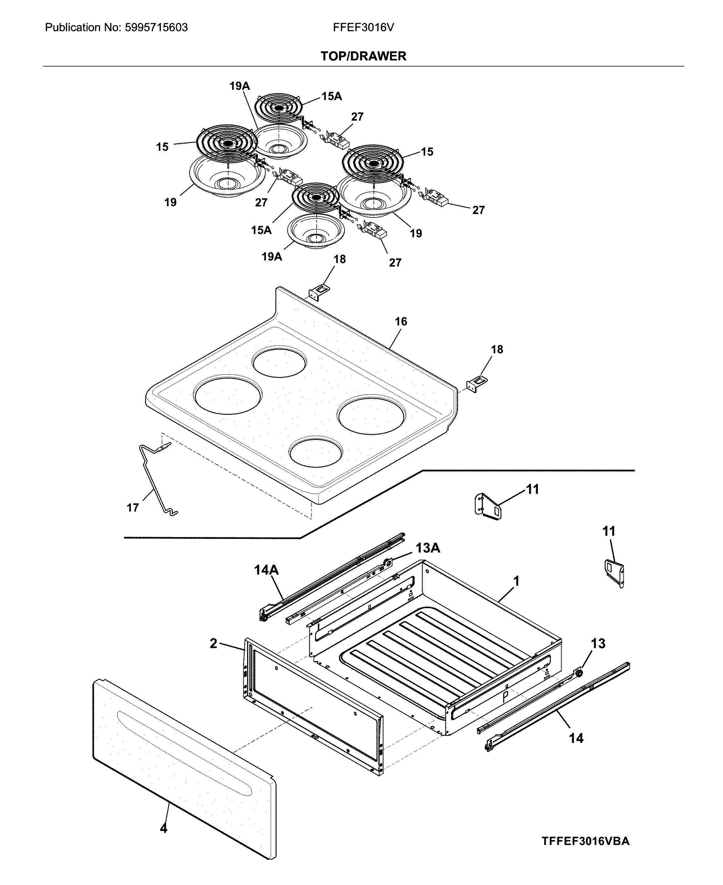 Frigidaire FFEF3016VWA top/drawer diagram
