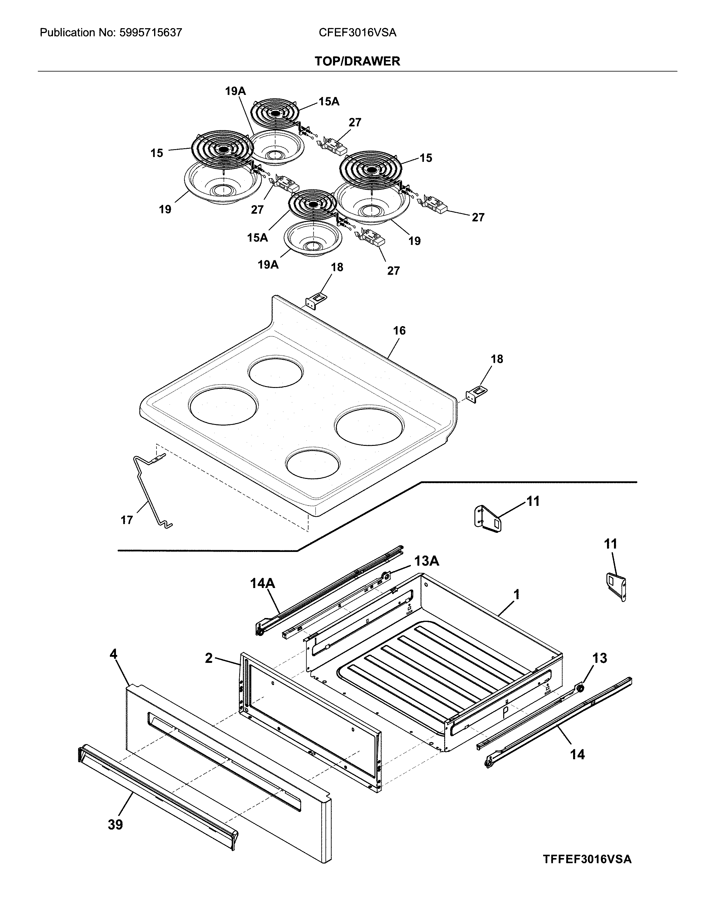 Frigidaire CFEF3016VSA top/drawer diagram