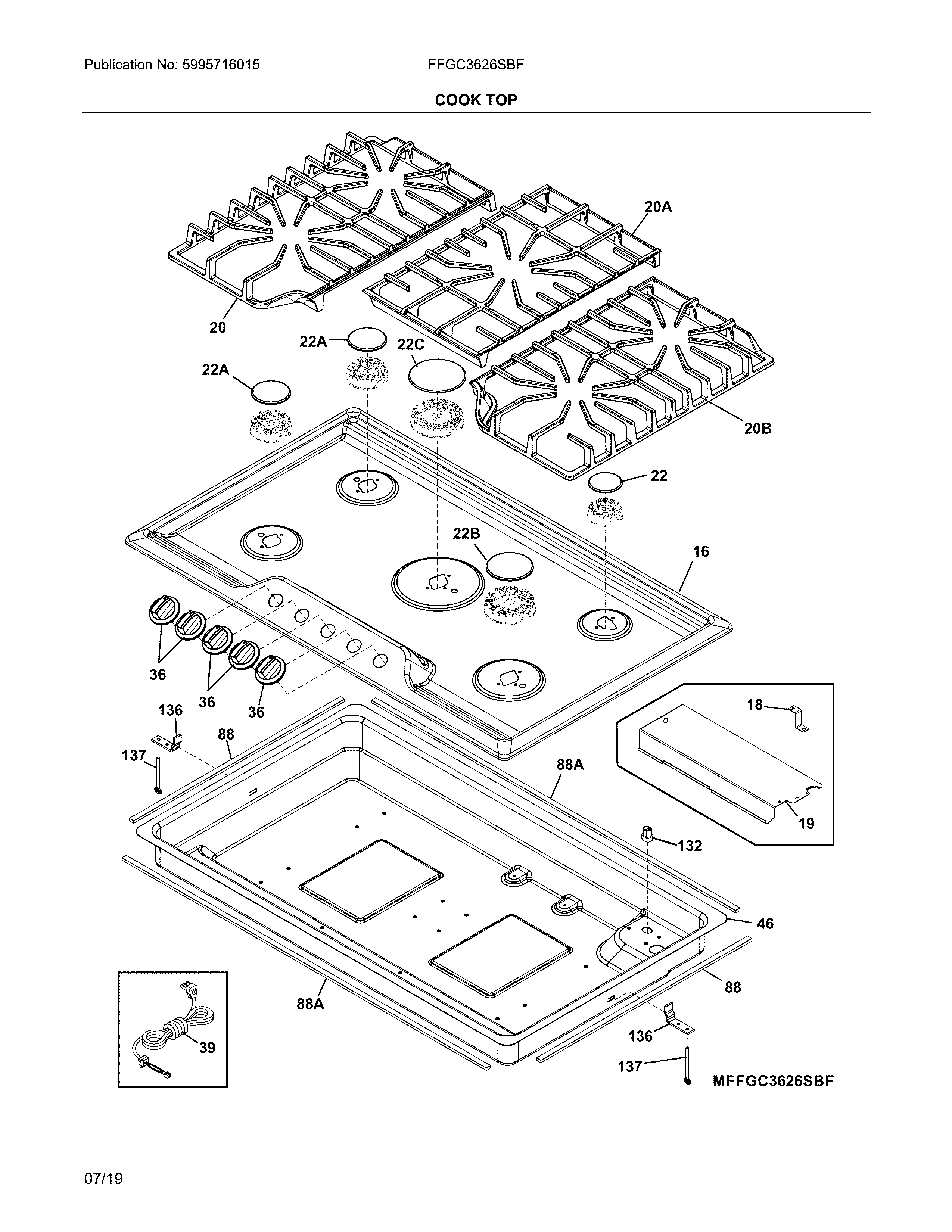 Frigidaire FFGC3626SBF cook top diagram