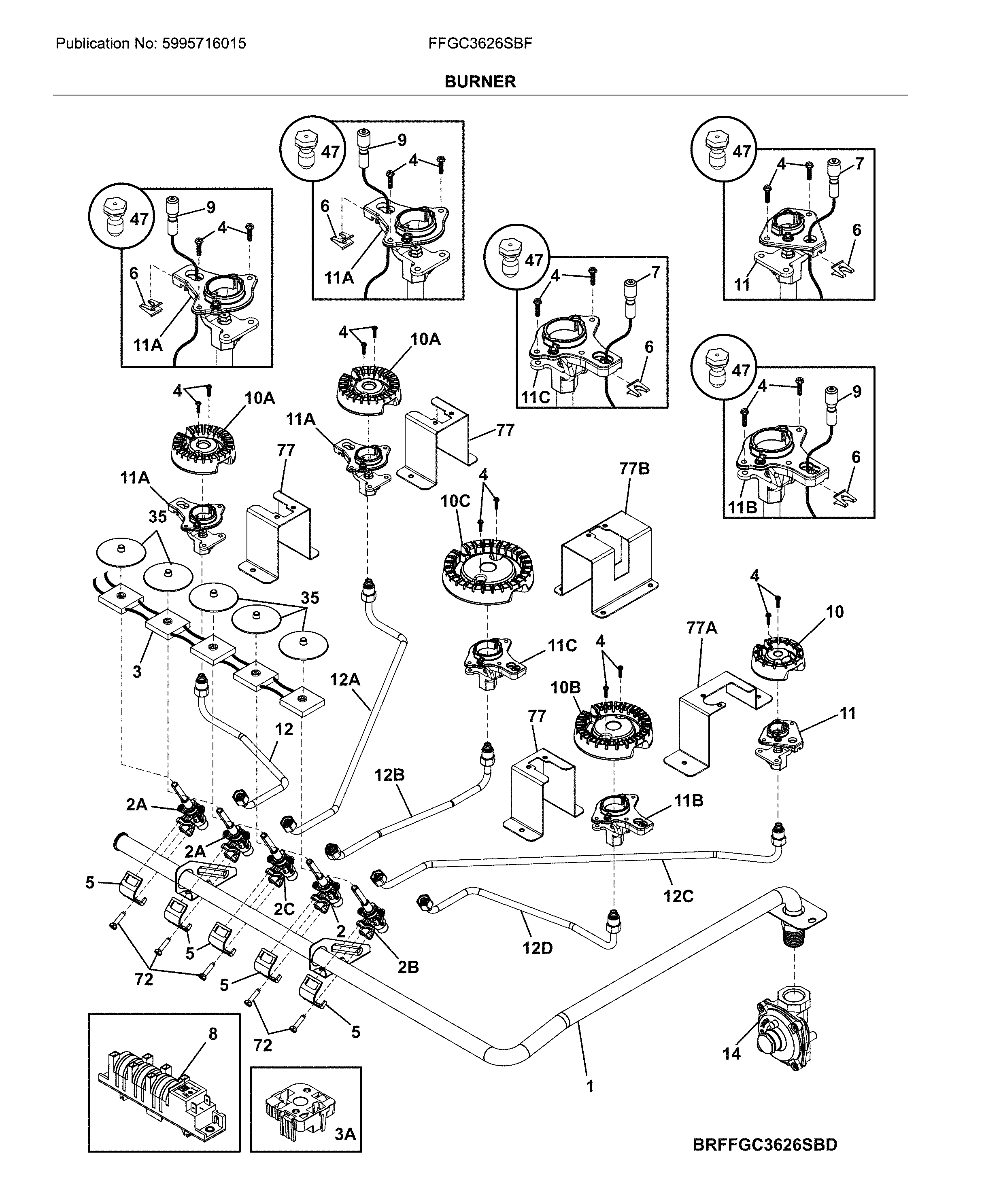 Frigidaire FFGC3626SBF burners diagram