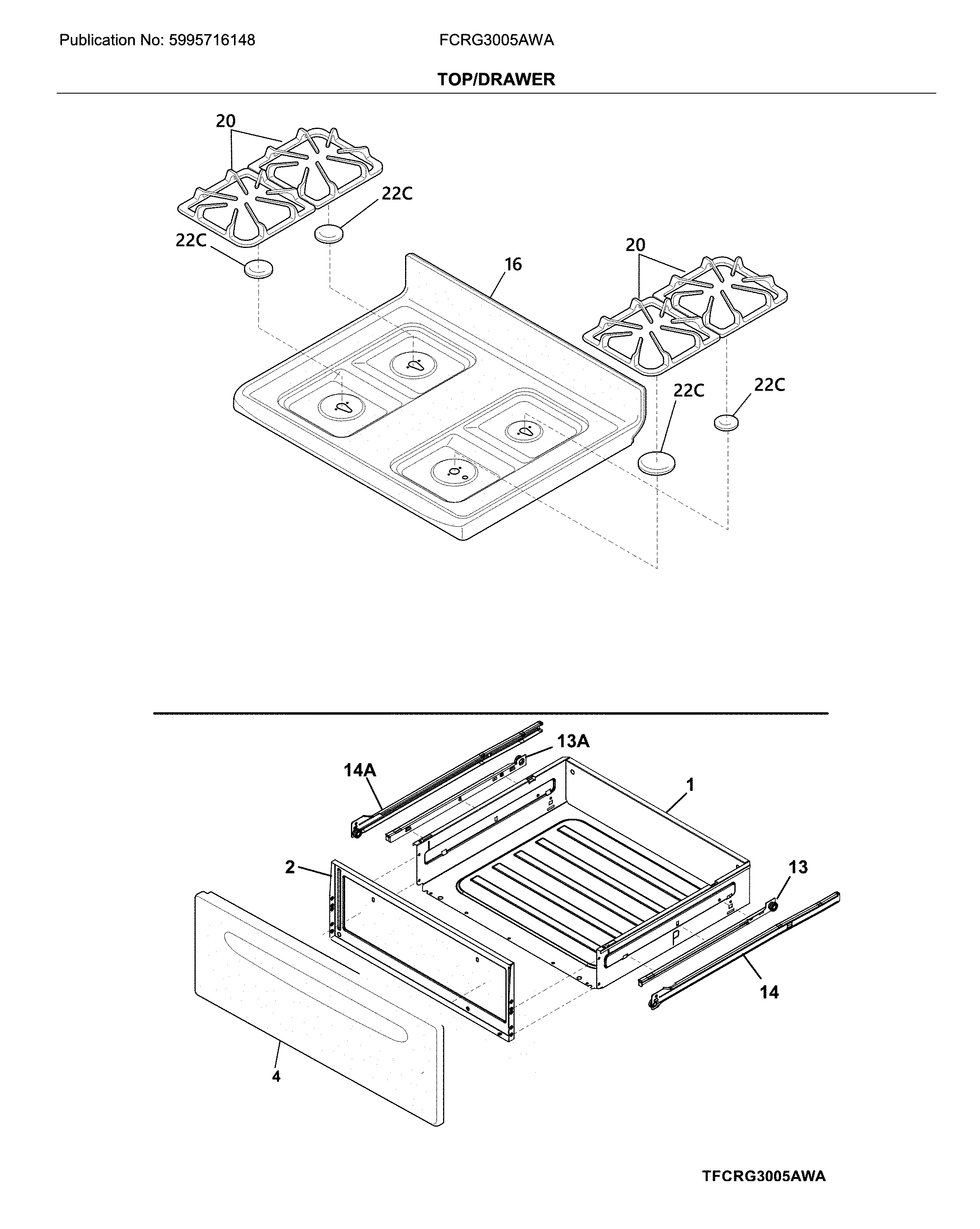 Frigidaire FCRG3005AWA top/drawer diagram