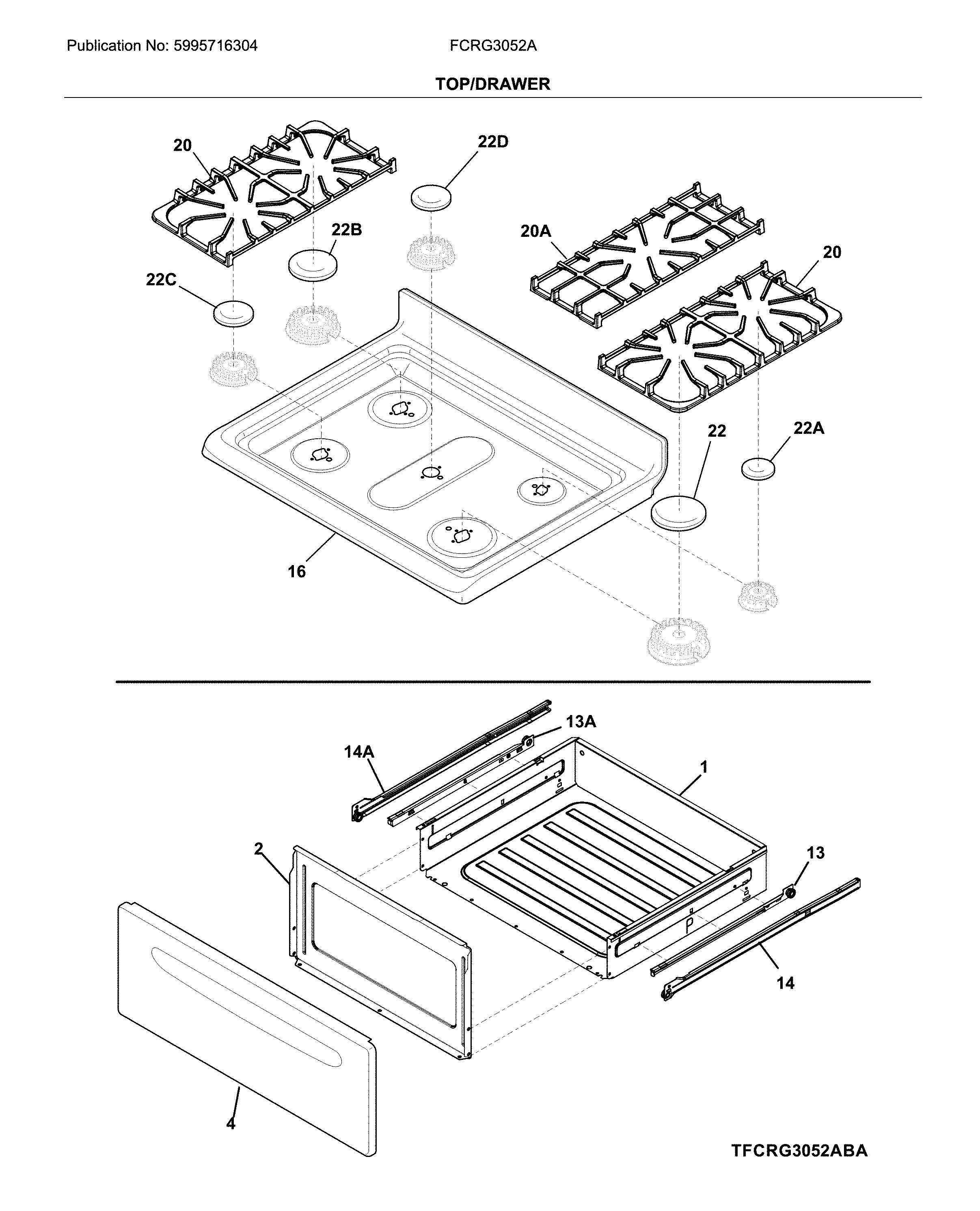Frigidaire FCRG3052ABA top/drawer diagram