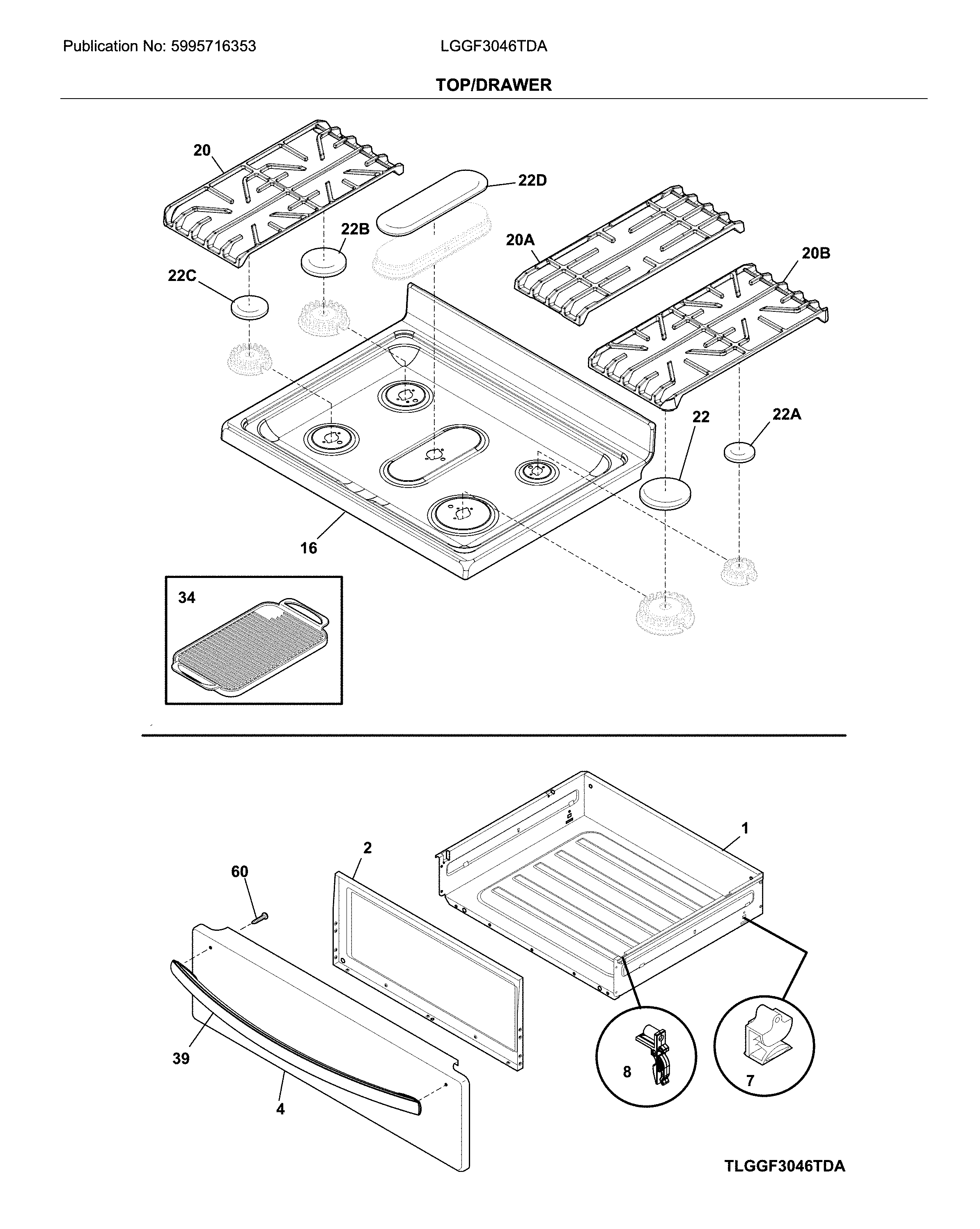 Frigidaire LGGF3046TDA top/drawer diagram