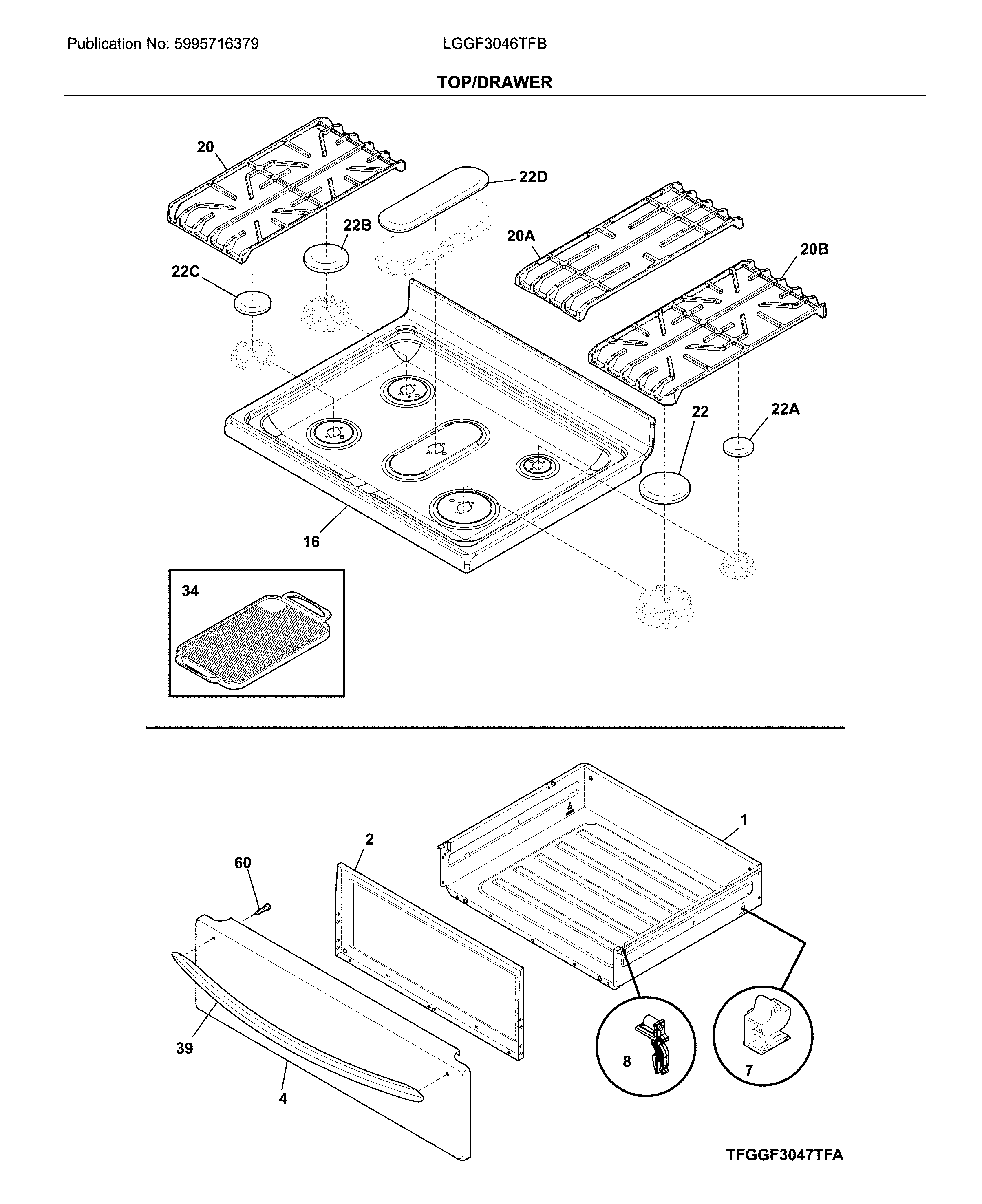 Frigidaire LGGF3046TFB top/drawer diagram