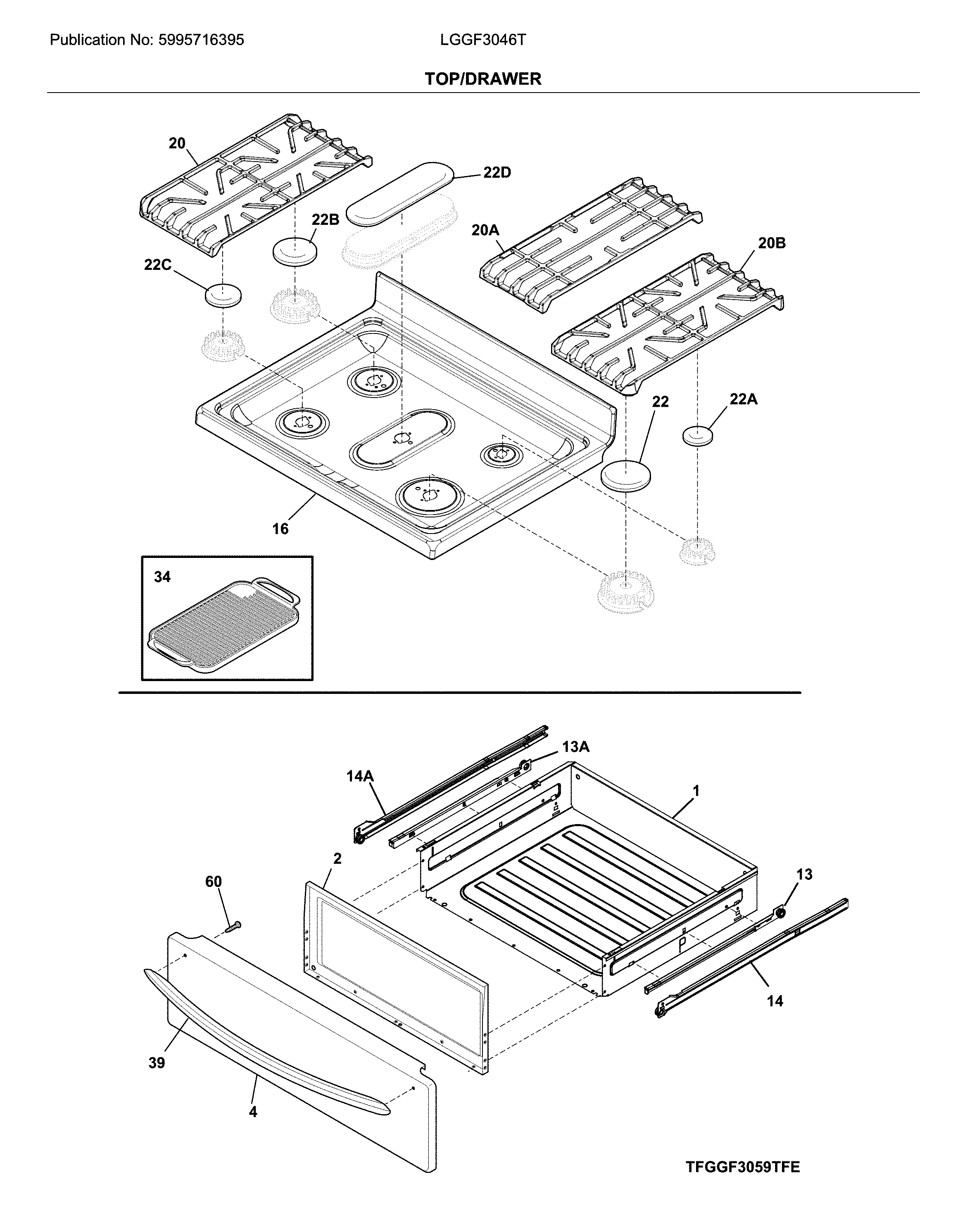 Frigidaire LGGF3046TFD top/drawer diagram