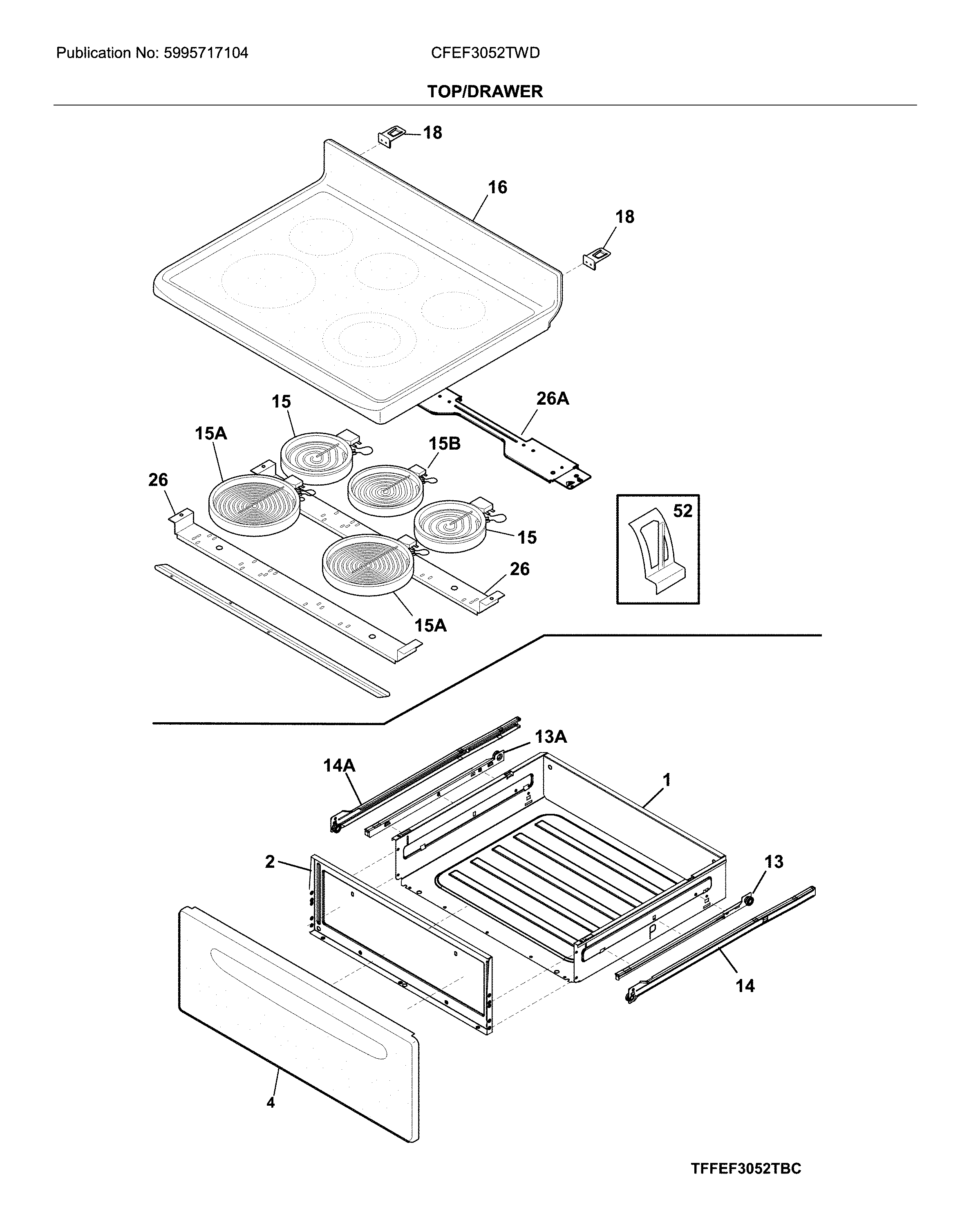 Frigidaire CFEF3052TWD top/drawer diagram