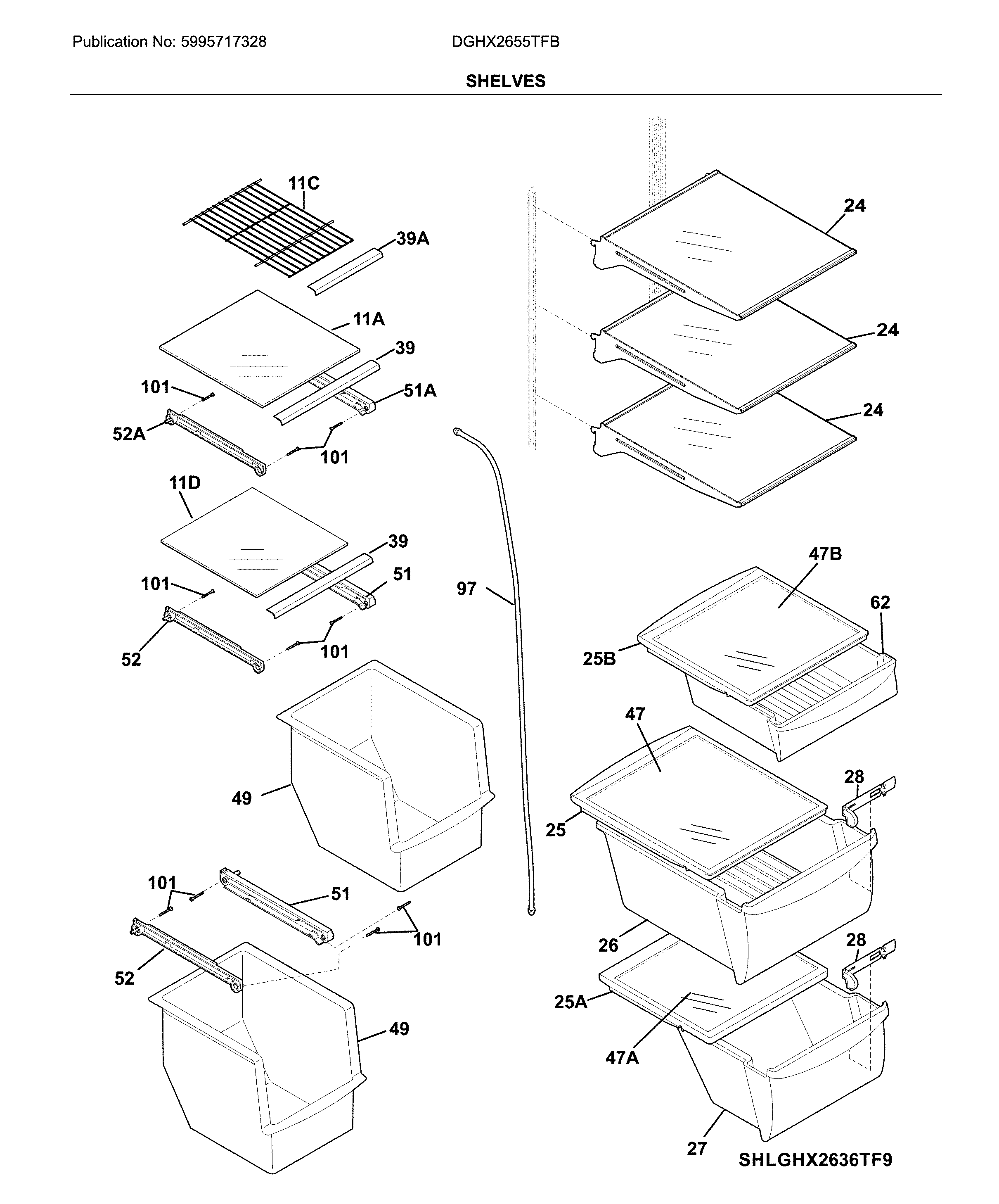 Frigidaire DGHX2655TFB shelves diagram