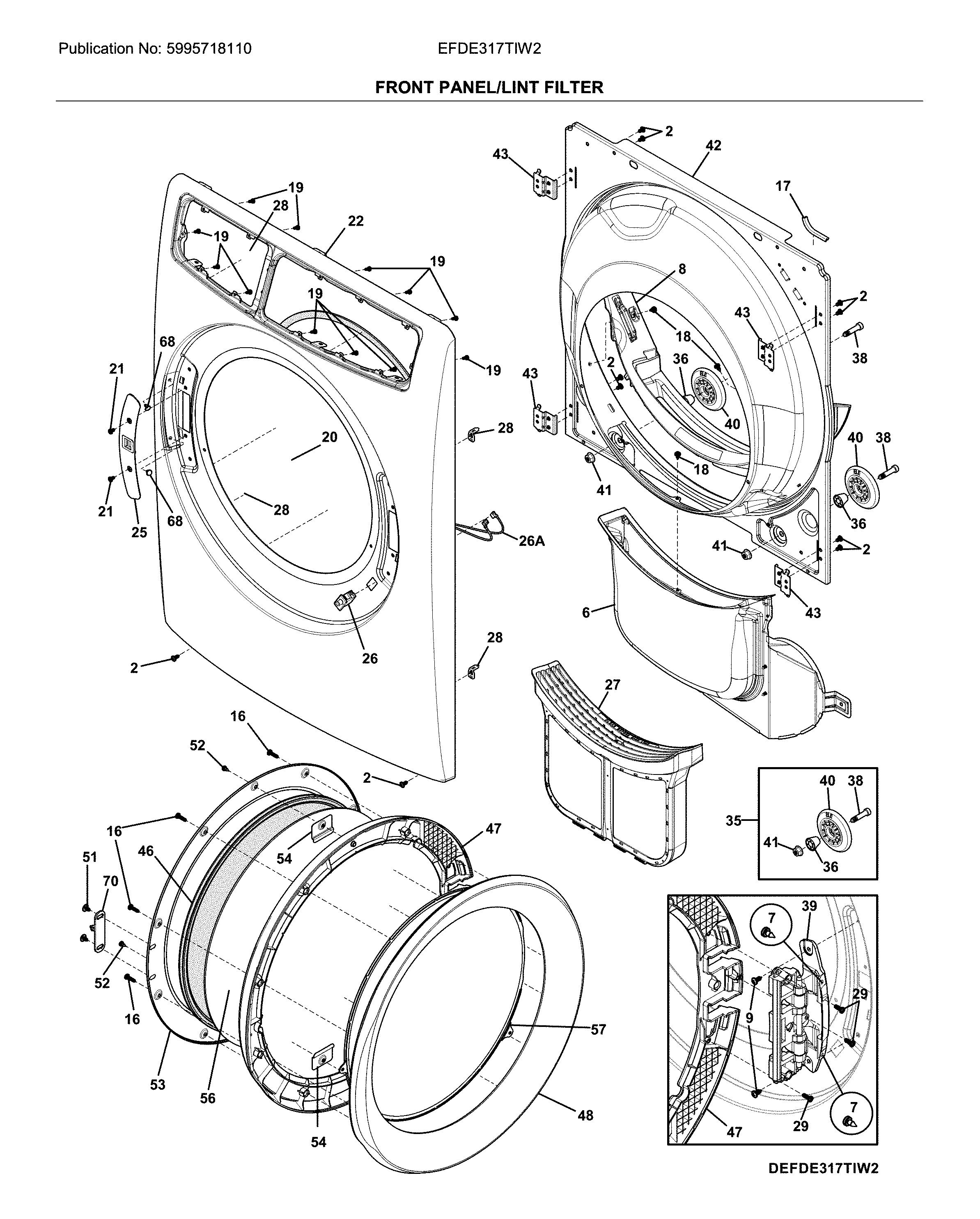 Electrolux EFDE317TIW2 front panel/lint filter diagram