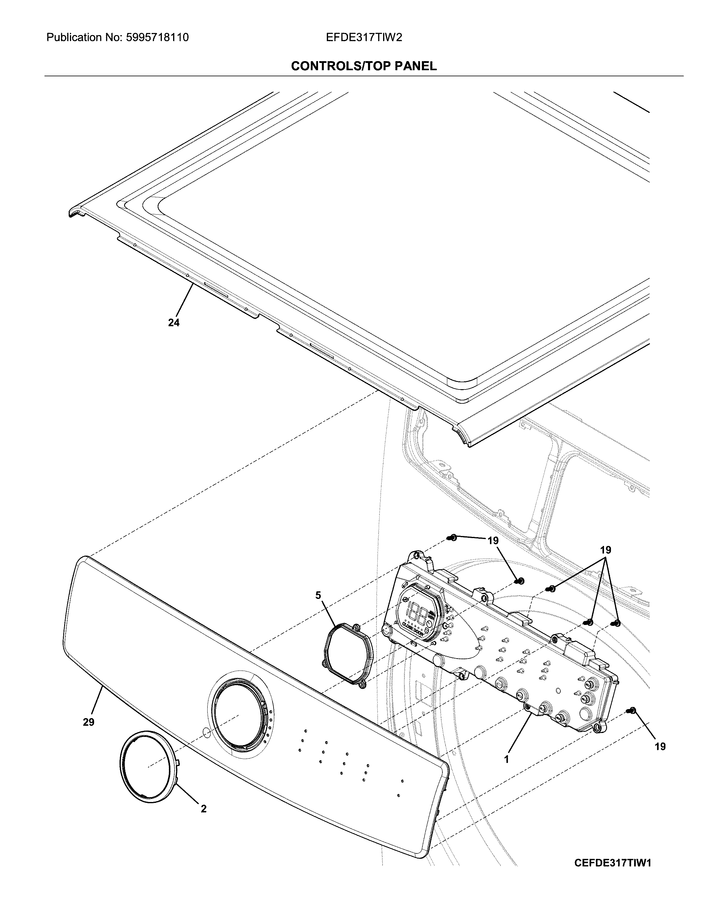 Electrolux EFDE317TIW2 controls/top panel diagram