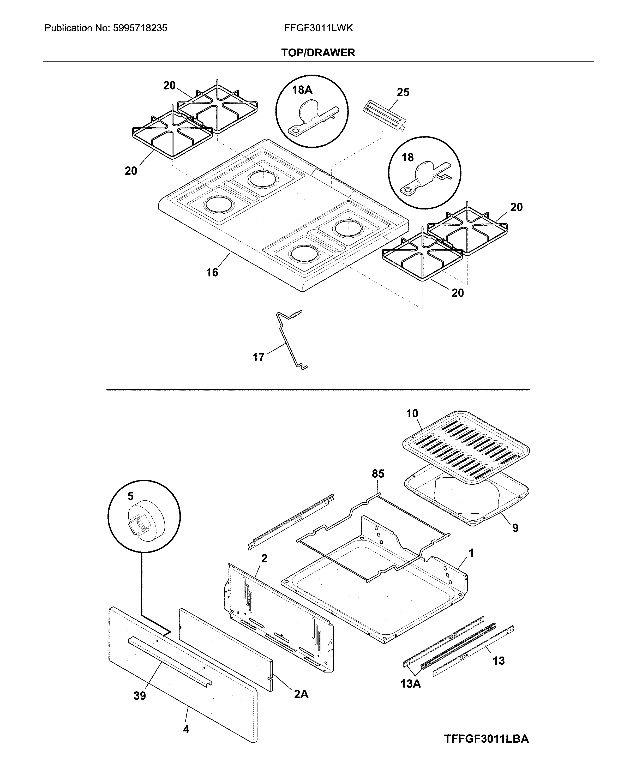 Frigidaire FFGF3011LWK top/drawer diagram