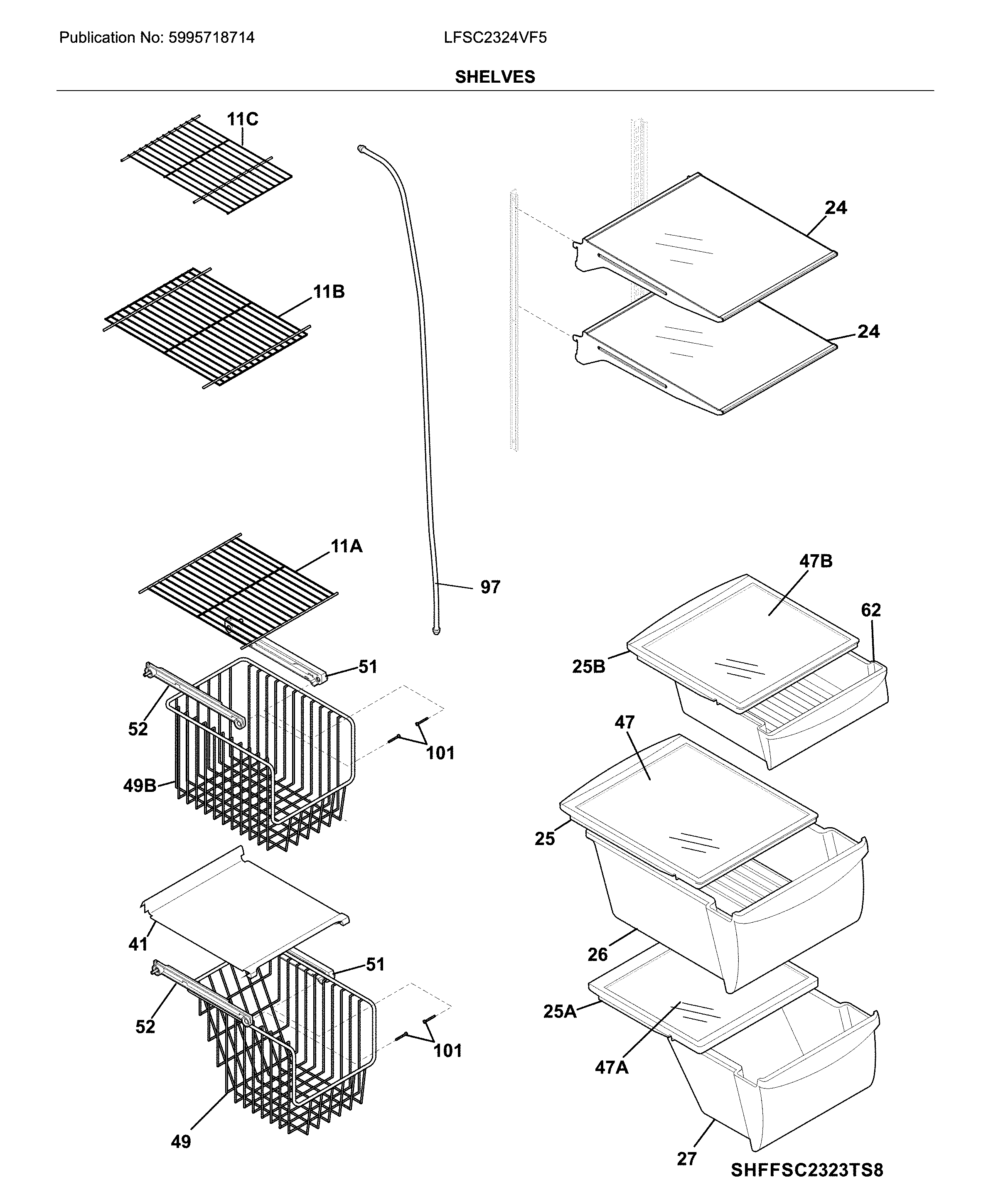 Frigidaire LFSC2324VF5 shelves diagram
