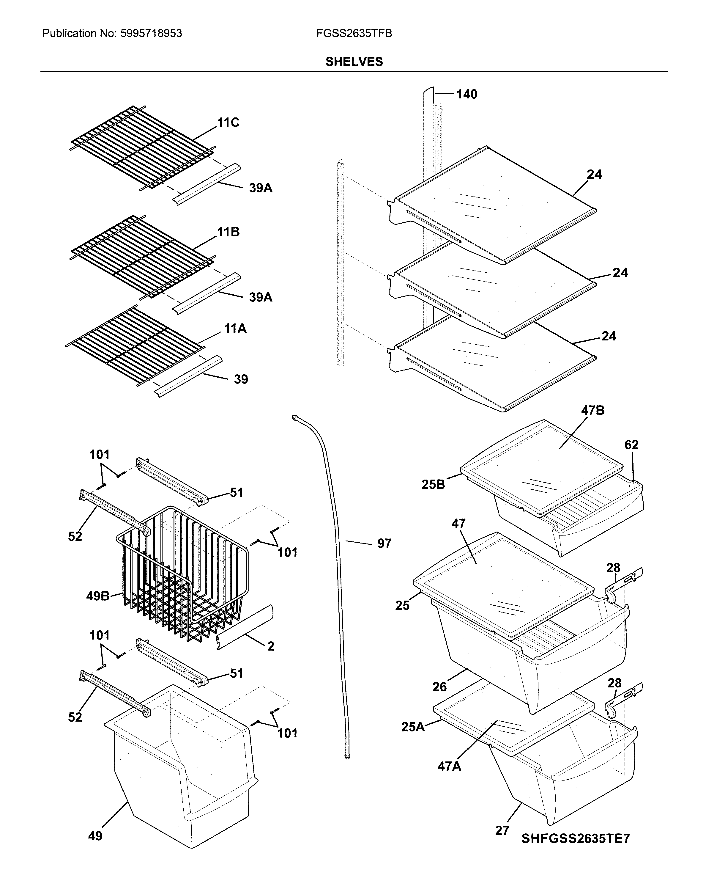 Frigidaire FGSS2635TFB shelves diagram