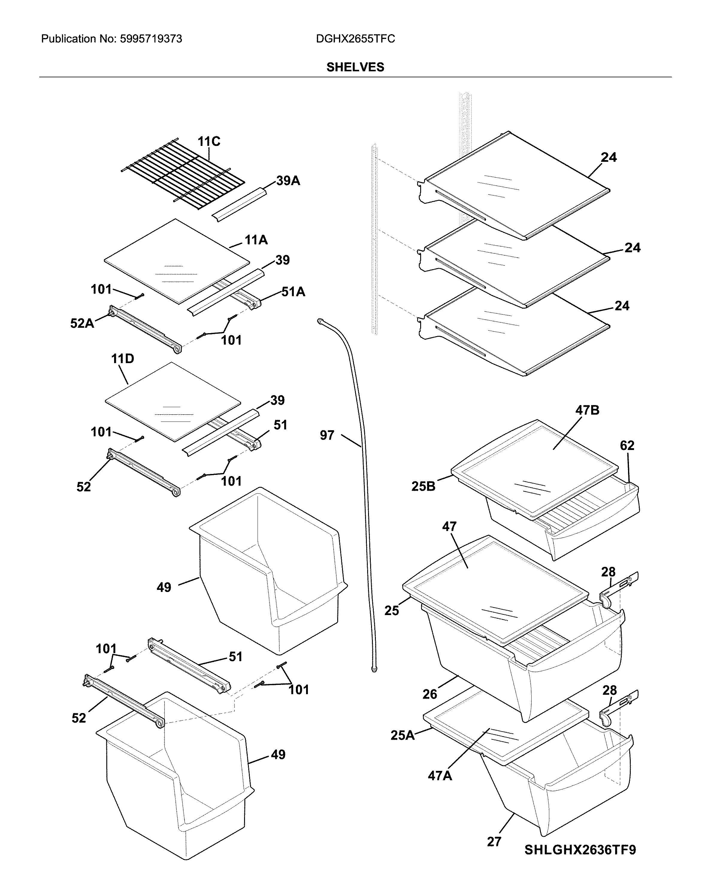 Frigidaire DGHX2655TFC shelves diagram