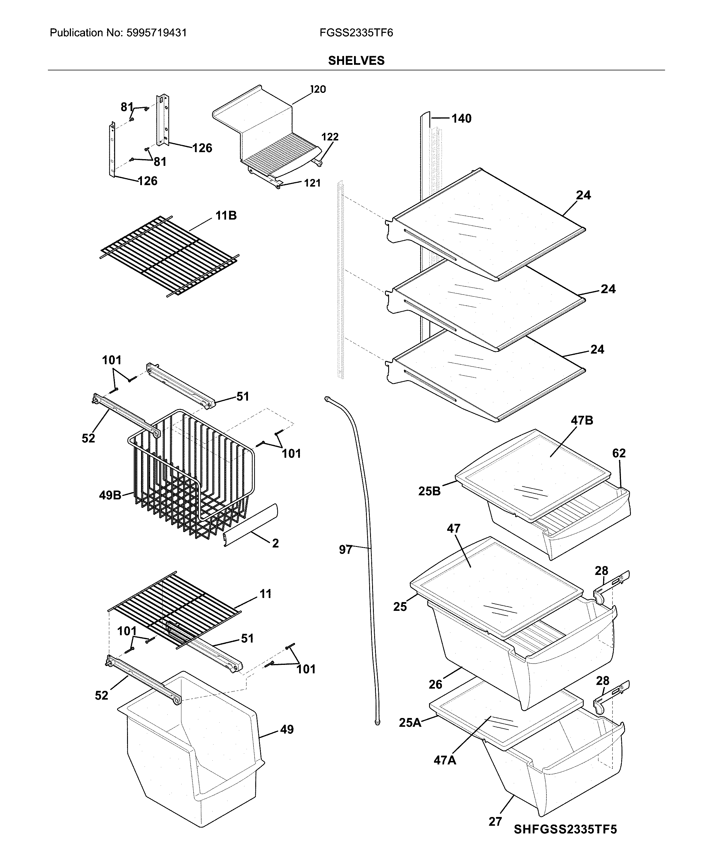 Frigidaire FGSS2335TF6 shelves diagram