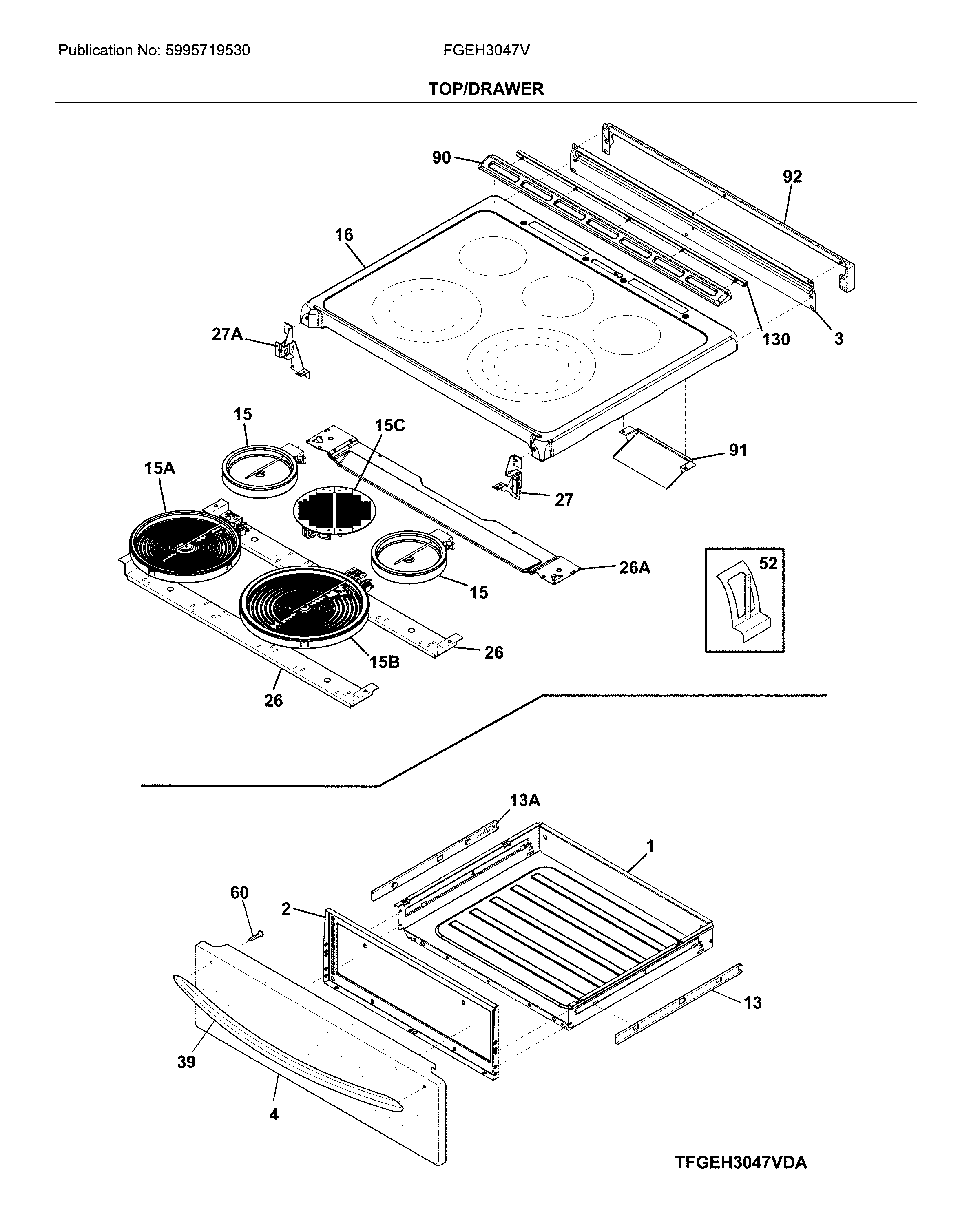 Frigidaire FGEH3047VDB top/drawer diagram
