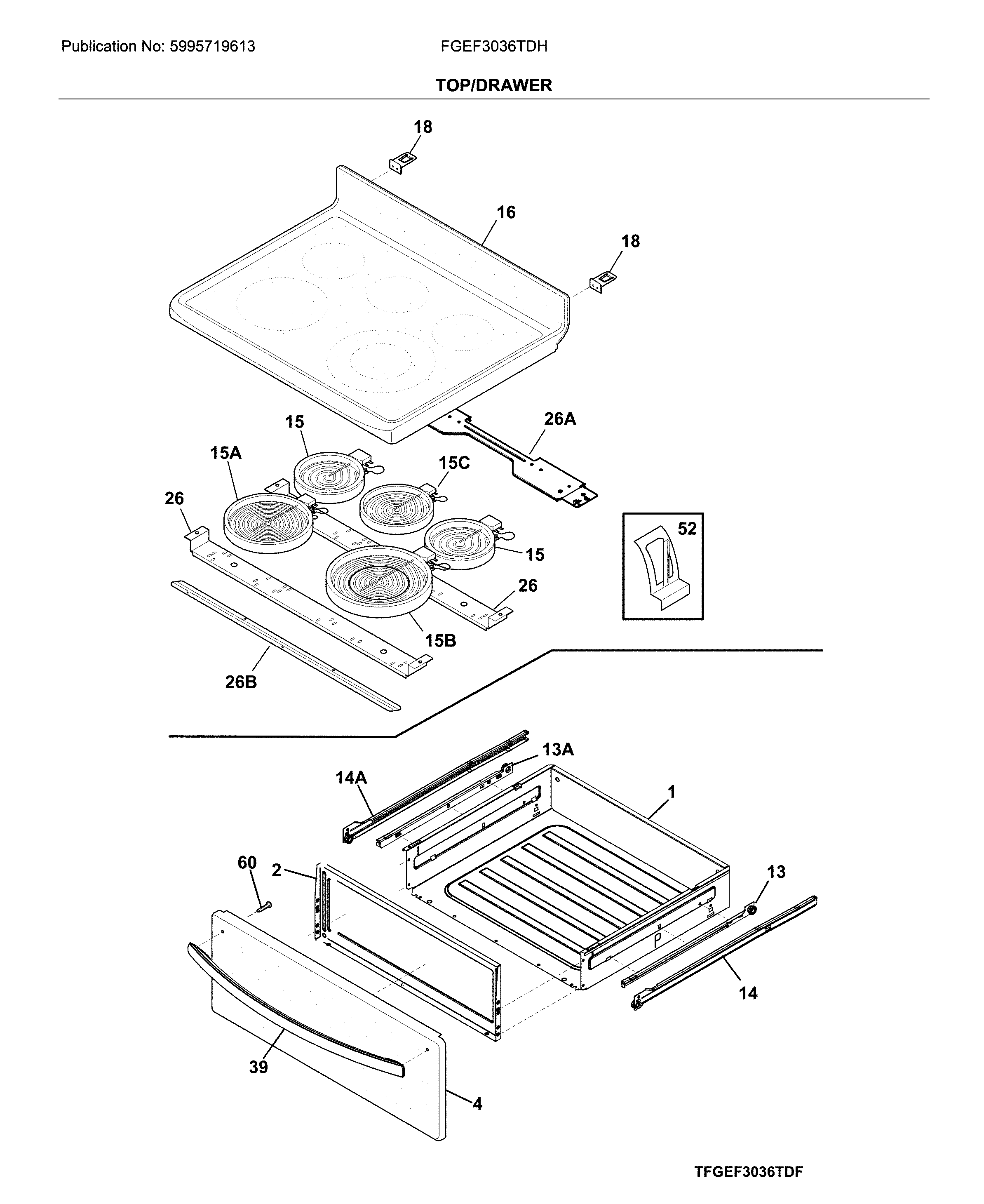 Frigidaire FGEF3036TDH top/drawer diagram