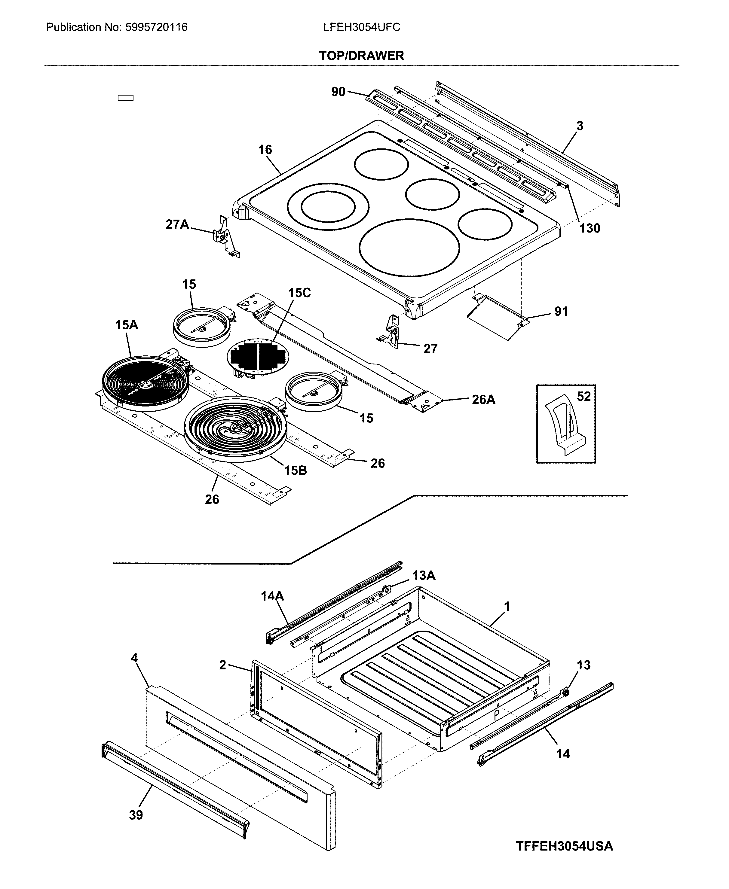 Frigidaire LFEH3054UFC top/drawer diagram