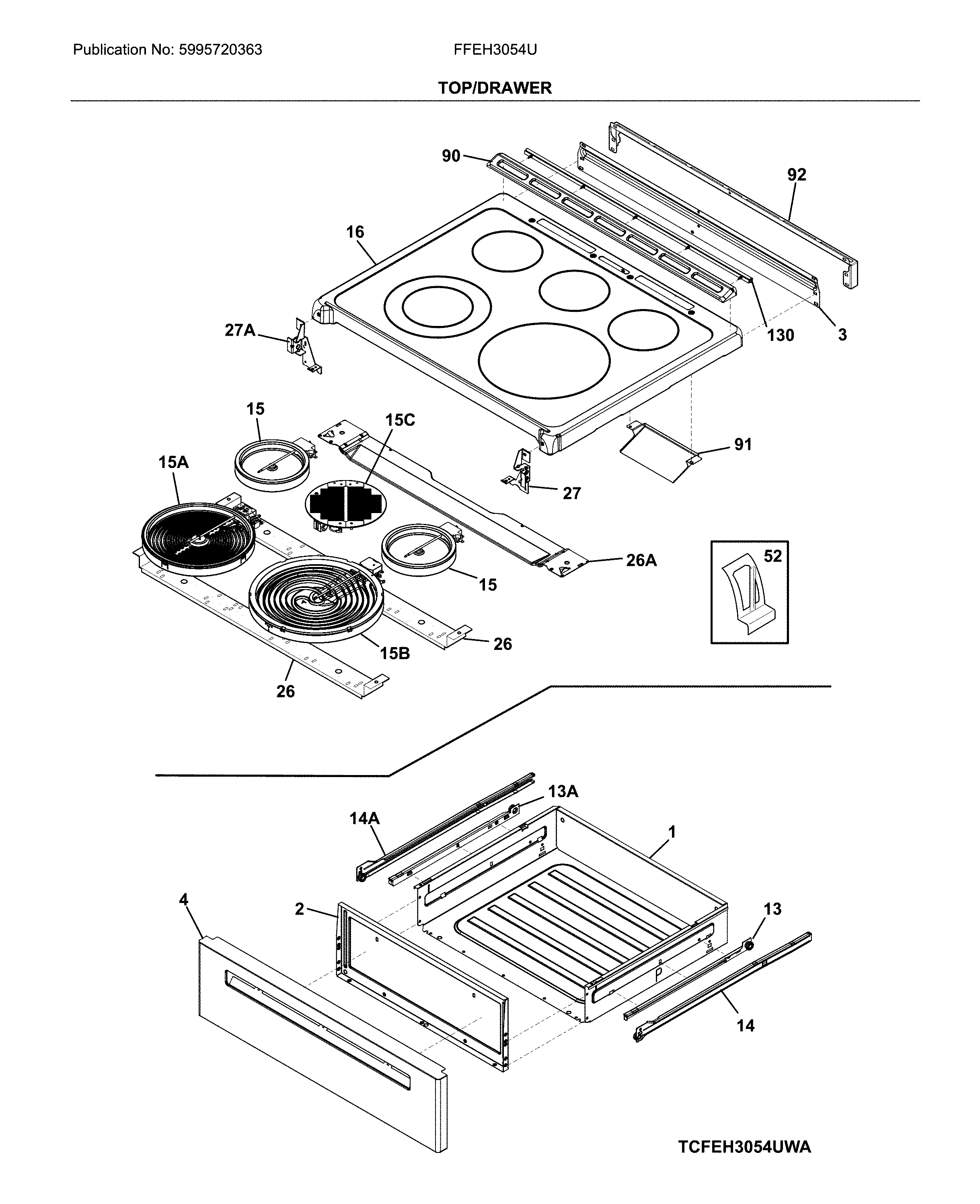 Frigidaire FFEH3054UBB top/drawer diagram