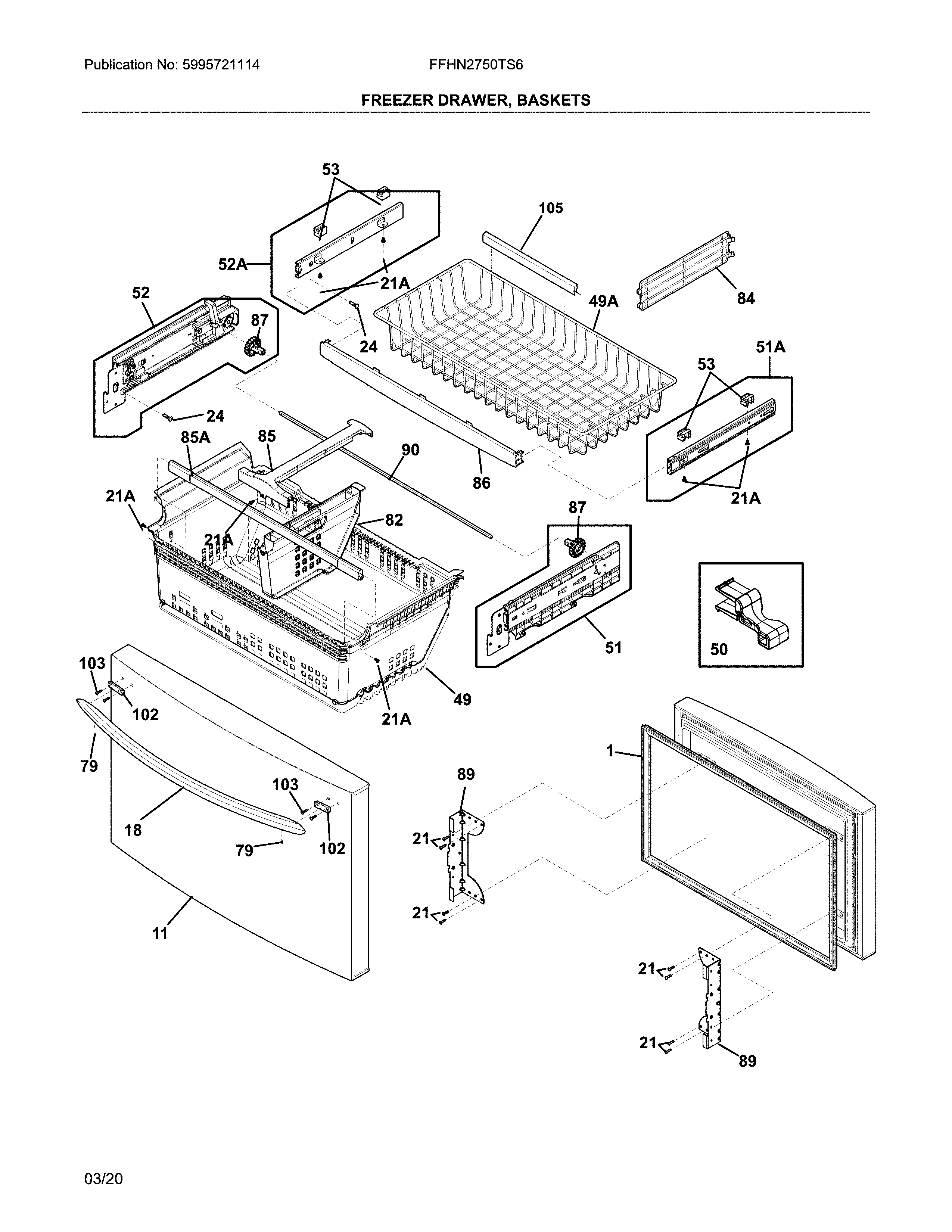 Frigidaire FFHN2750TS6 freezer drawer, baskets diagram