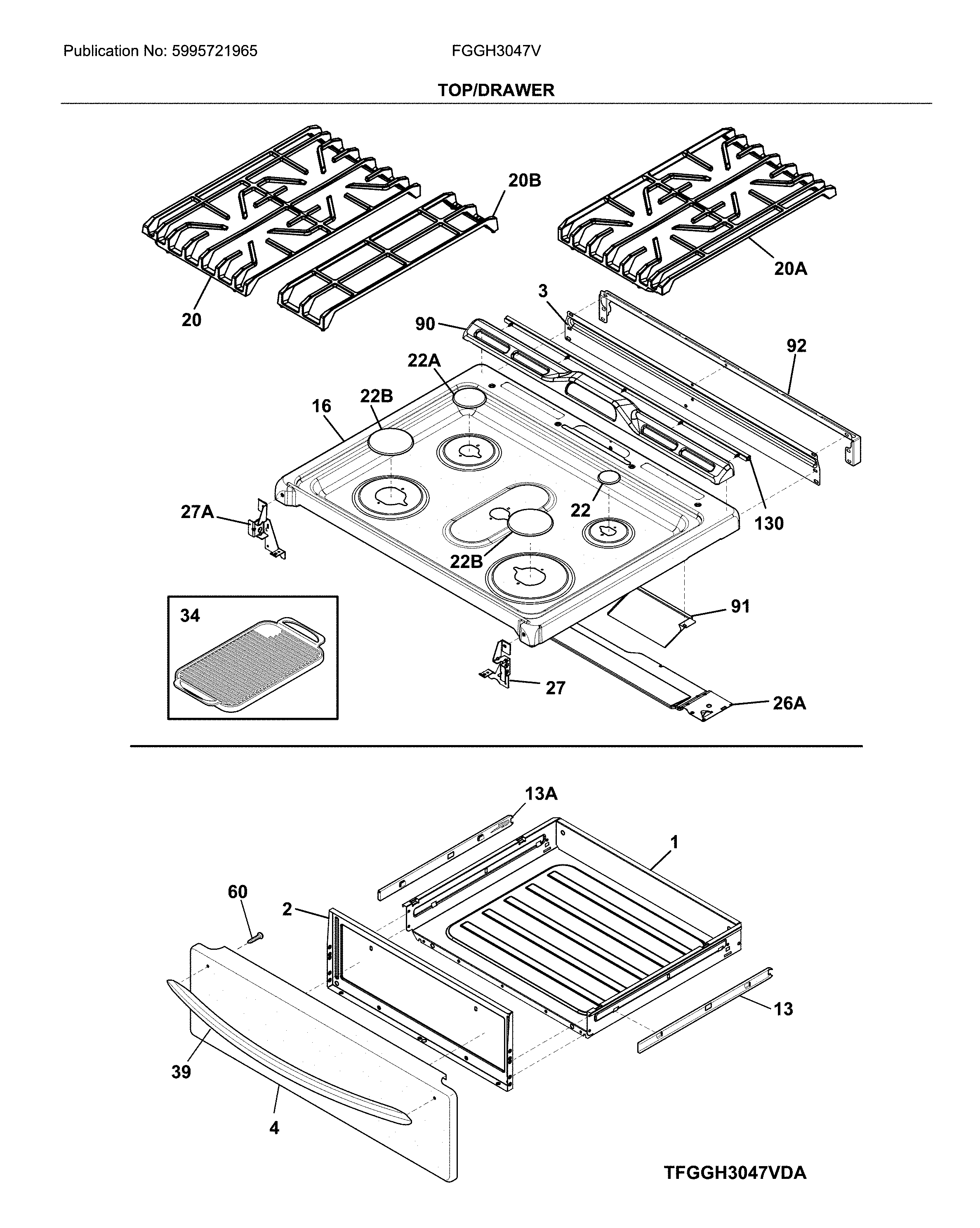 Frigidaire FGGH3047VFB top/drawer diagram
