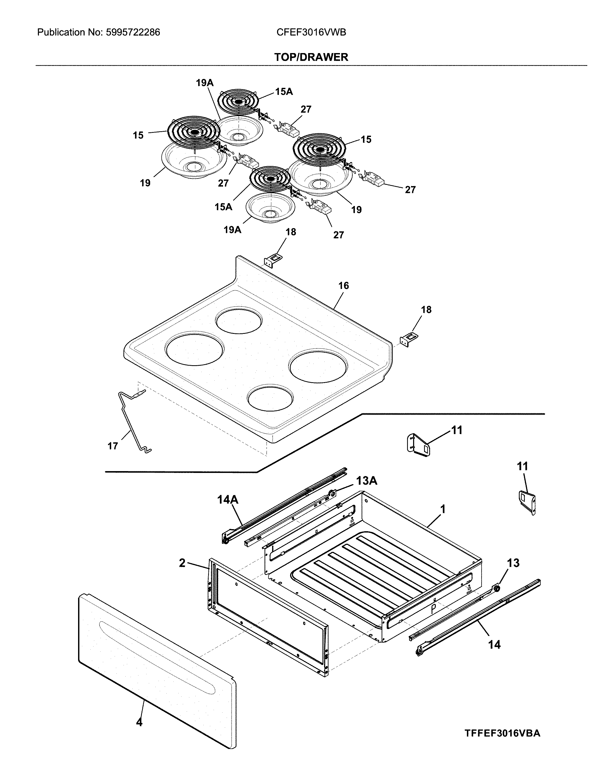 Frigidaire CFEF3016VWB top/drawer diagram