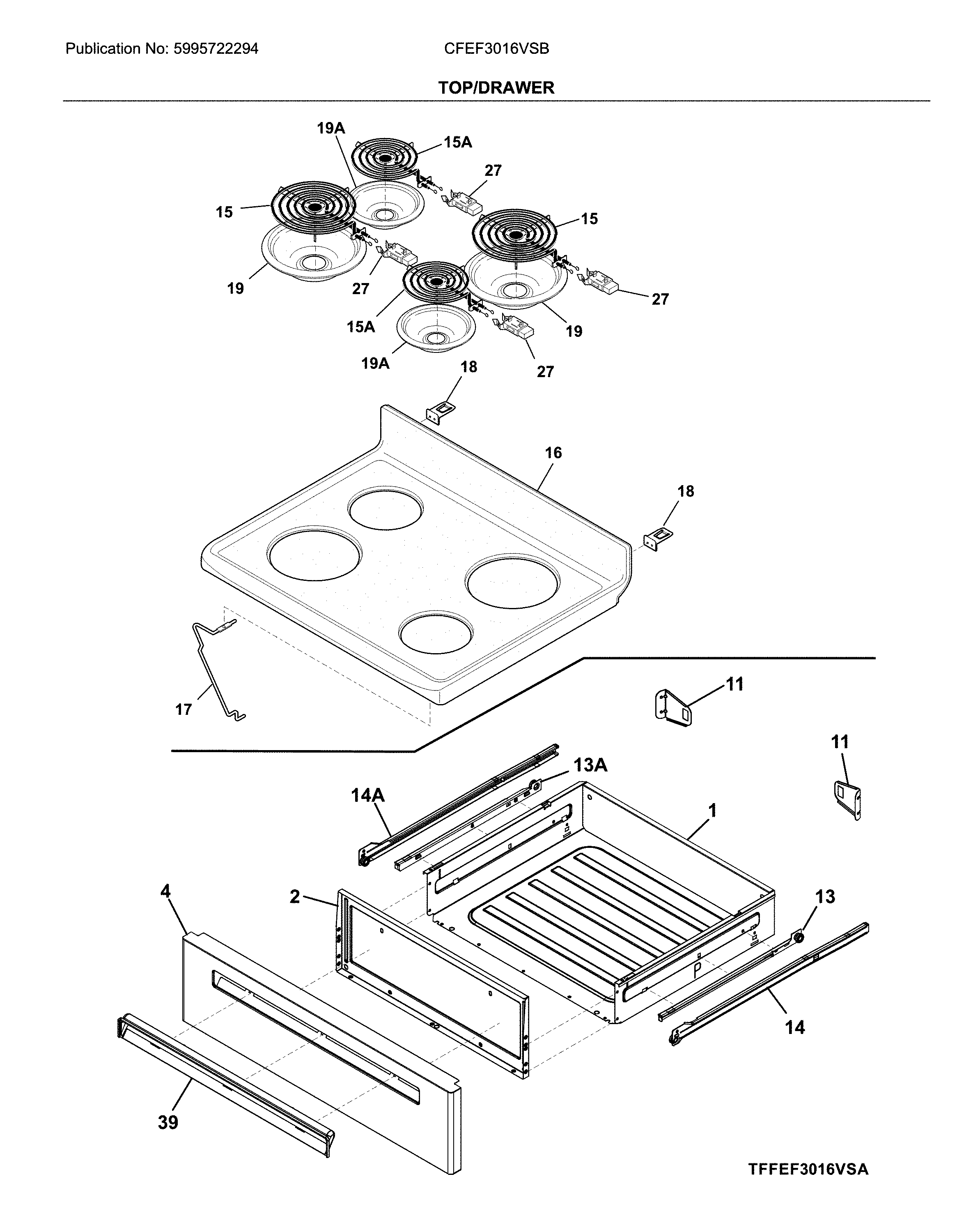 Frigidaire CFEF3016VSB top/drawer diagram