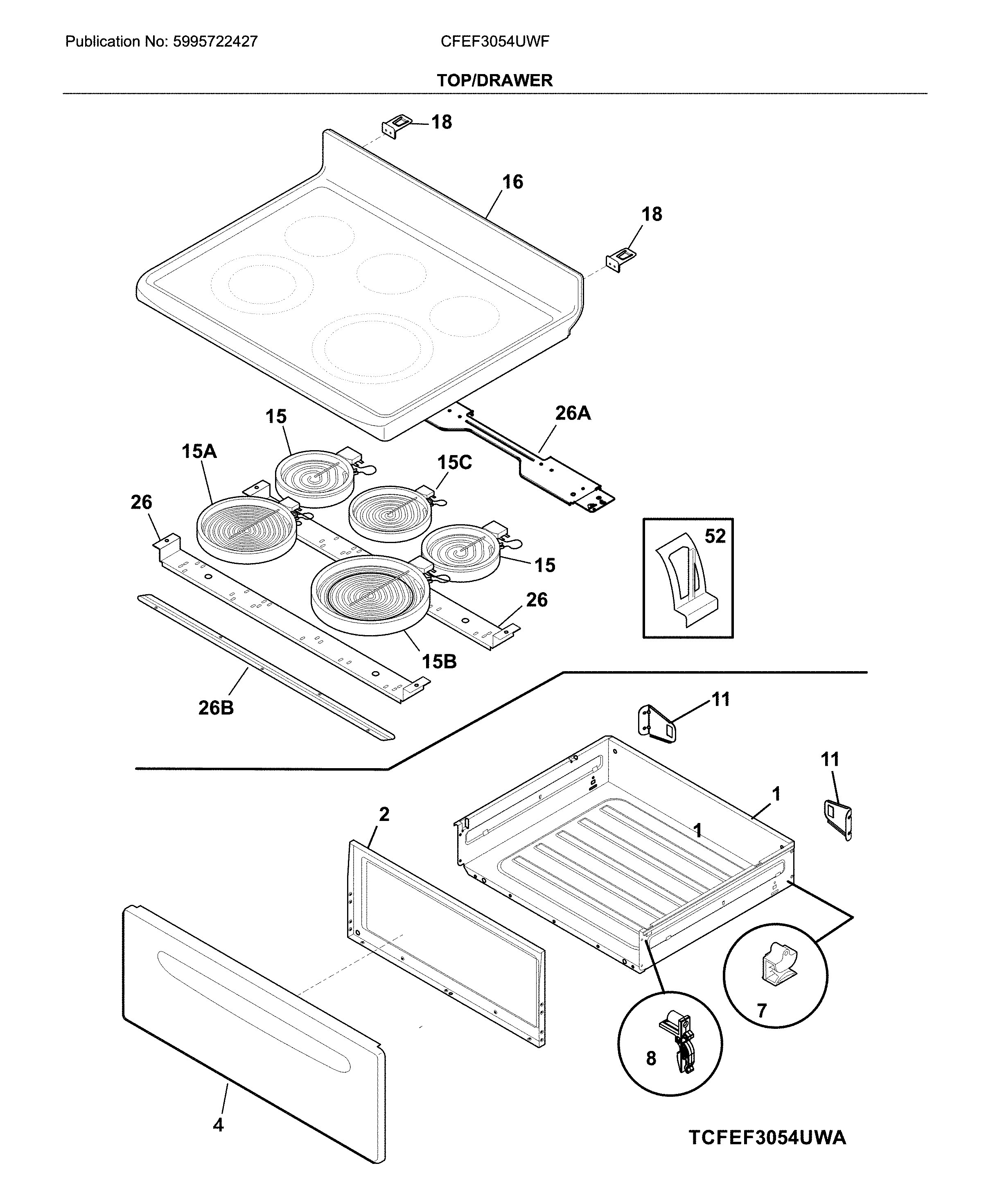 Frigidaire CFEF3054UWF top/drawer diagram