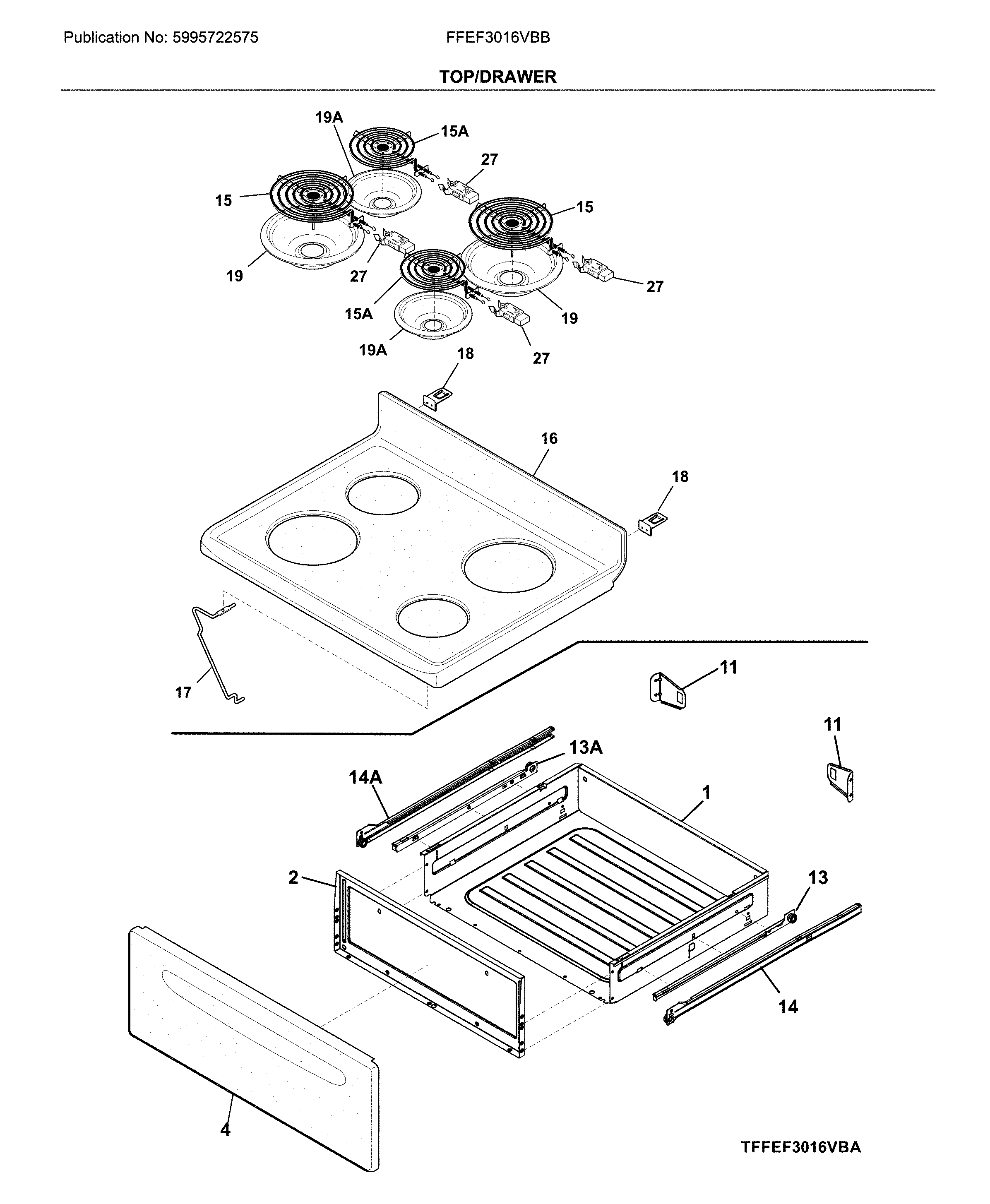 Frigidaire FFEF3016VBB top/drawer diagram
