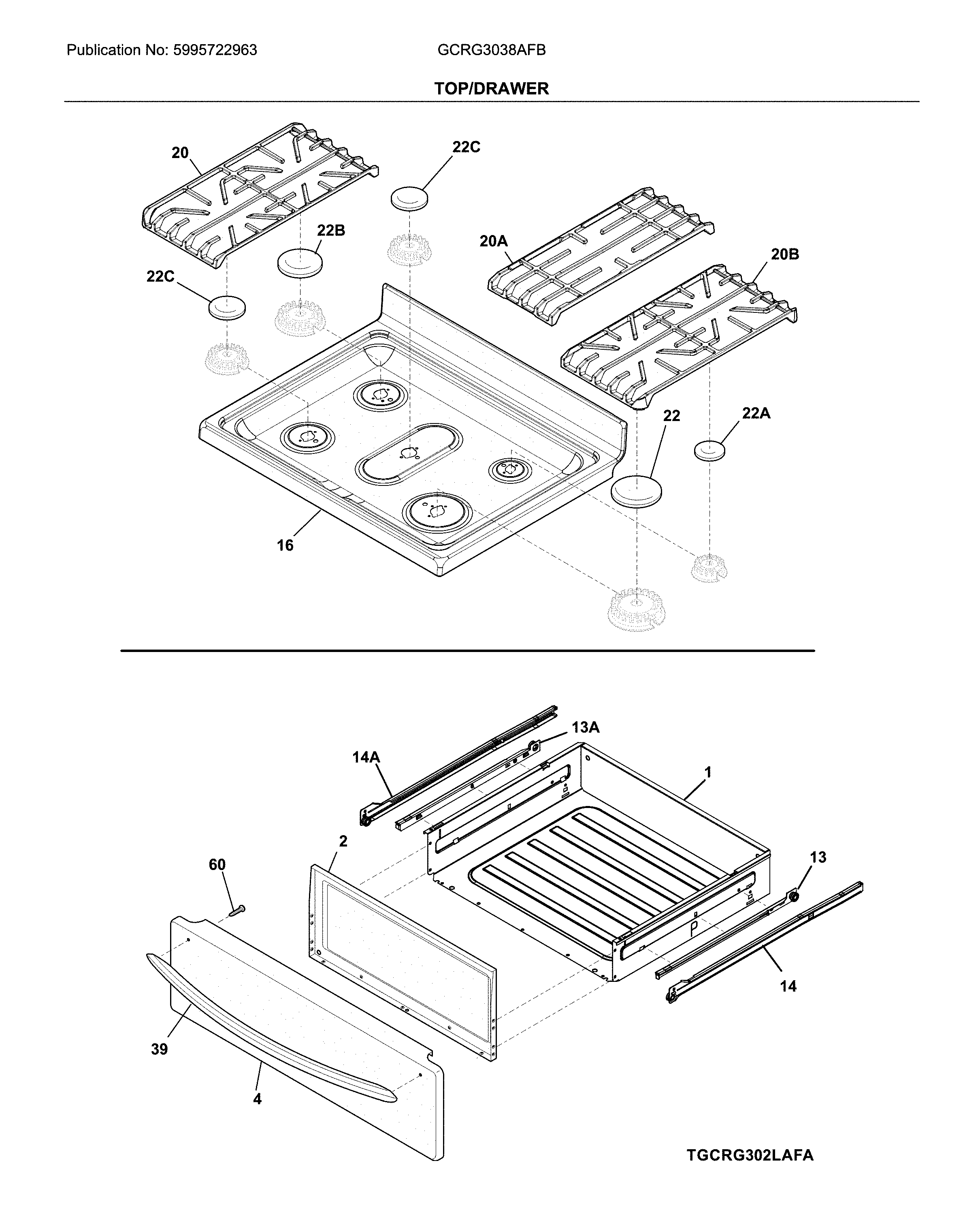 Frigidaire GCRG3038AFB top/drawer diagram