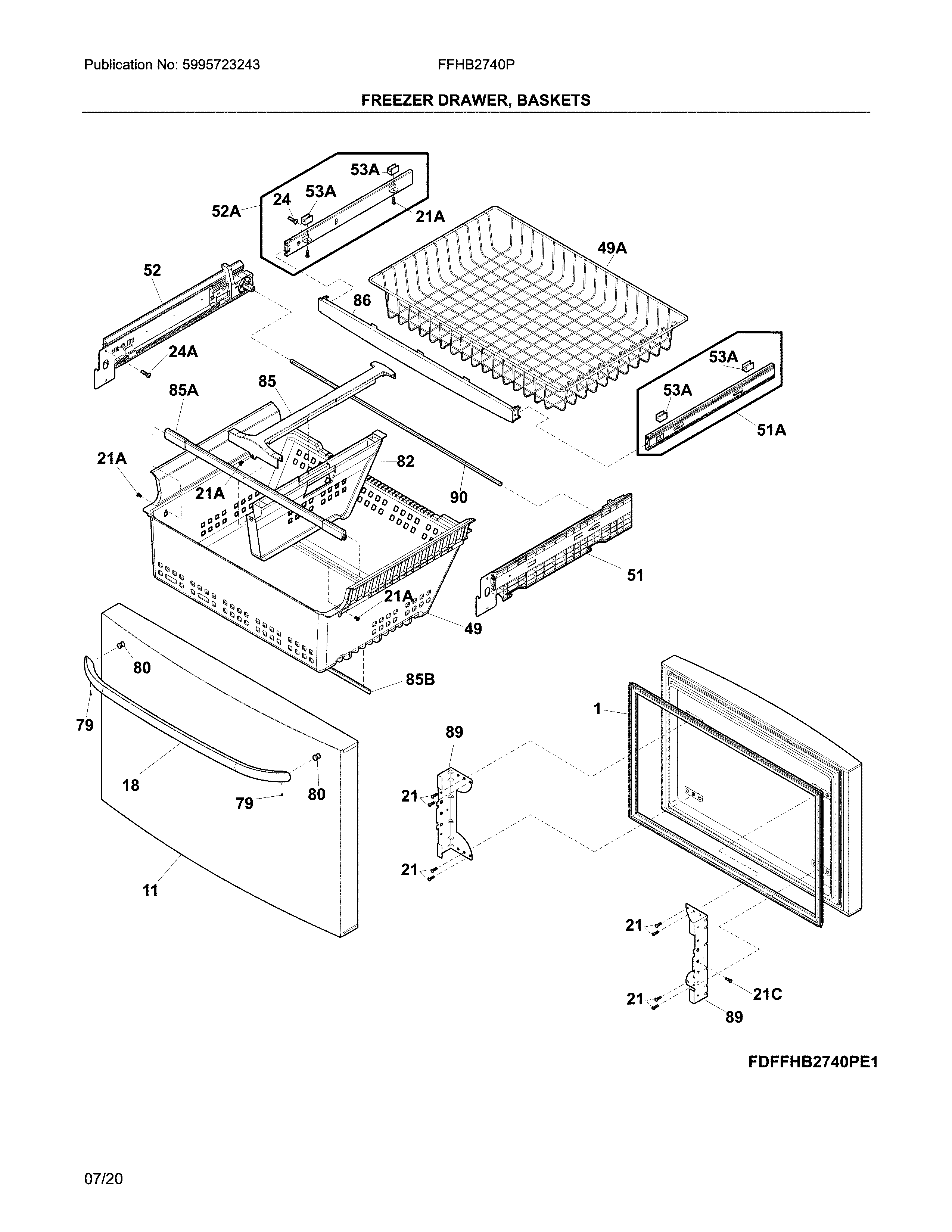 Frigidaire FFHB2740PS6A freezer drawer, baskets diagram