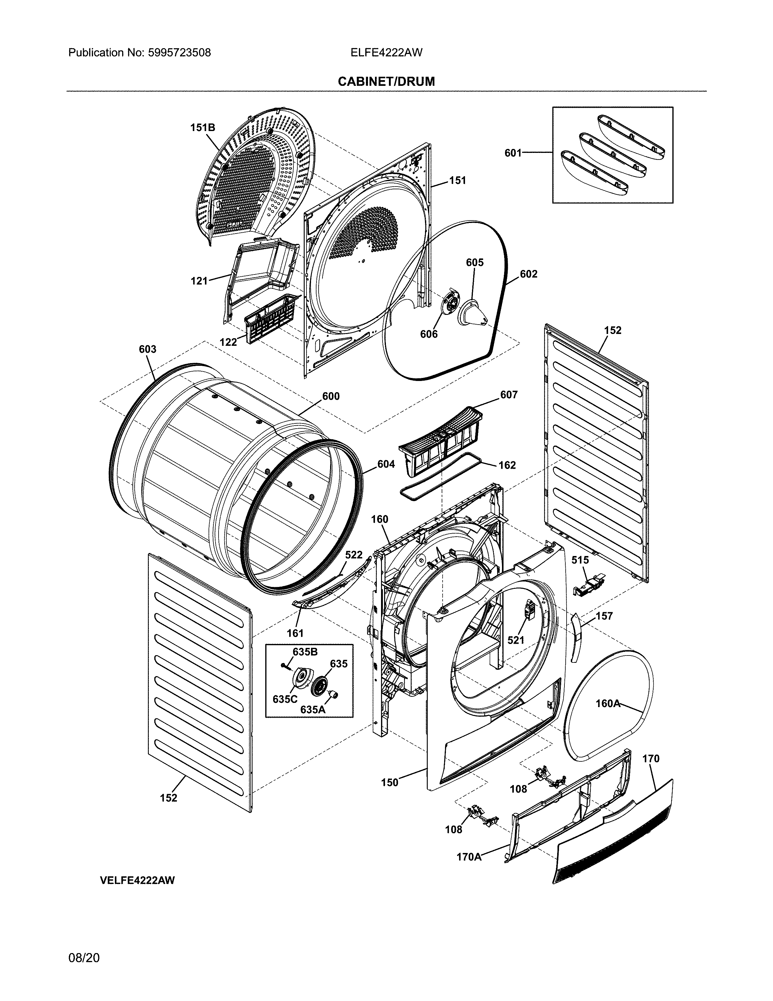 Electrolux ELFE4222AW cabinet/drum diagram