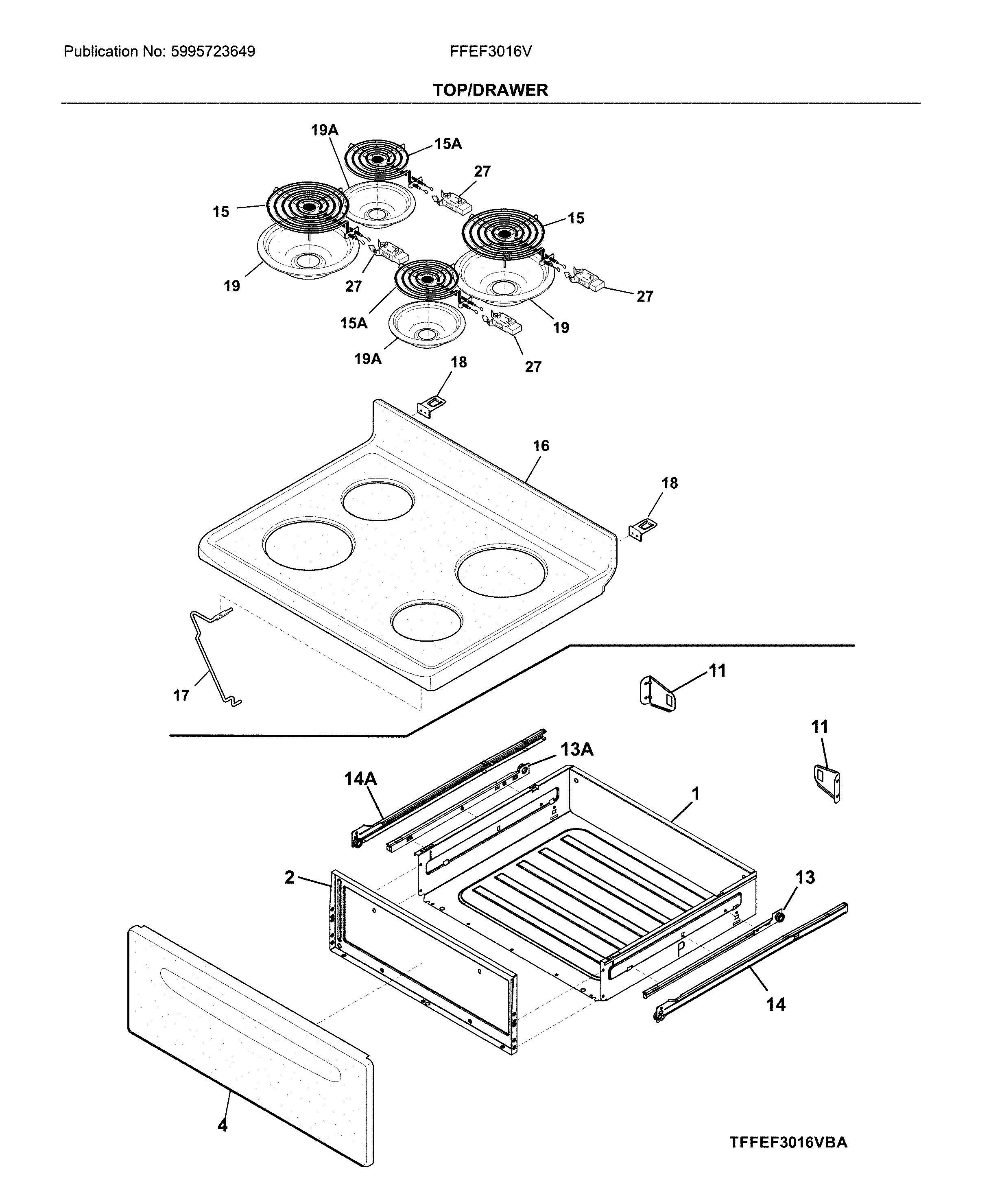 Frigidaire FFEF3016VWC top/drawer diagram