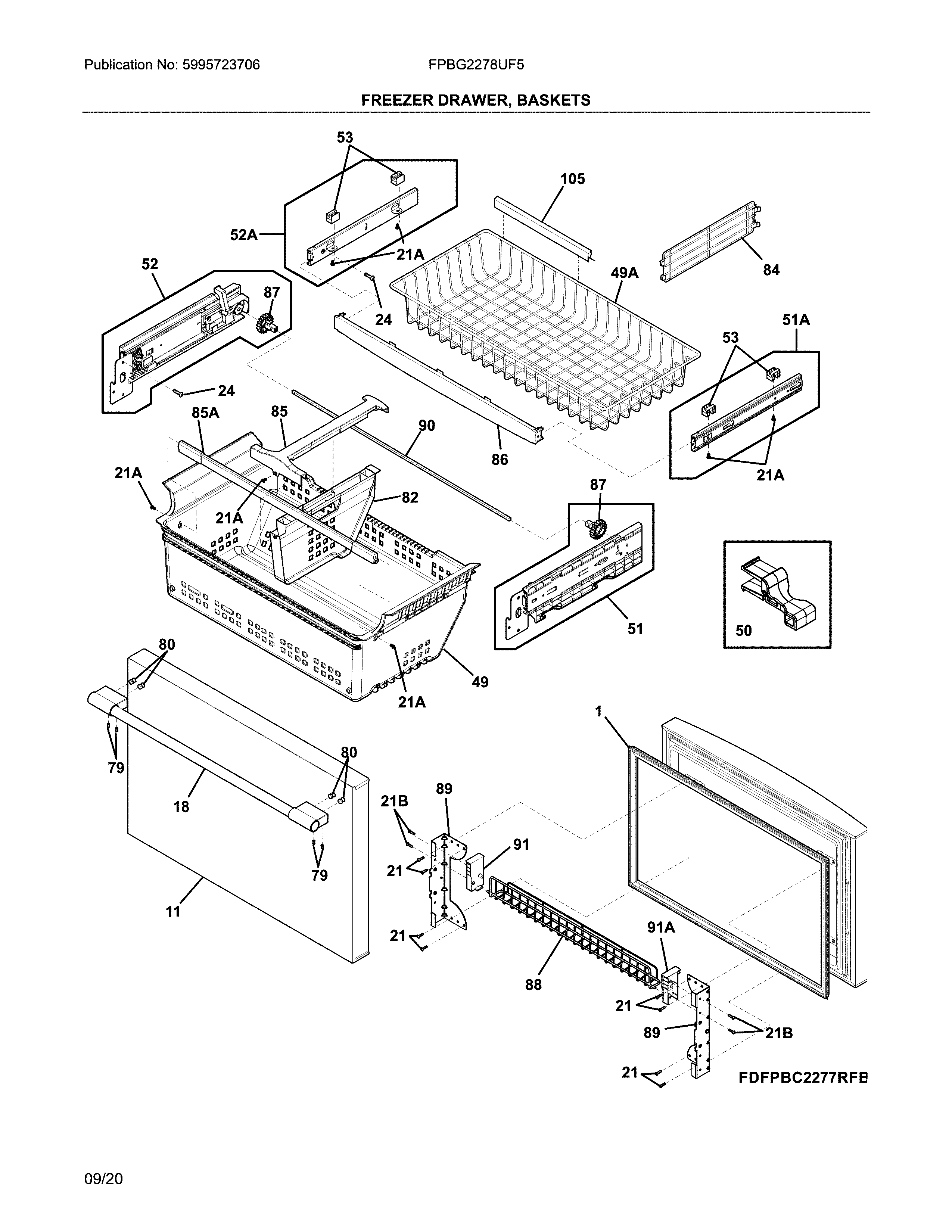 Frigidaire FPBG2278UF5 freezer drawer, basket diagram