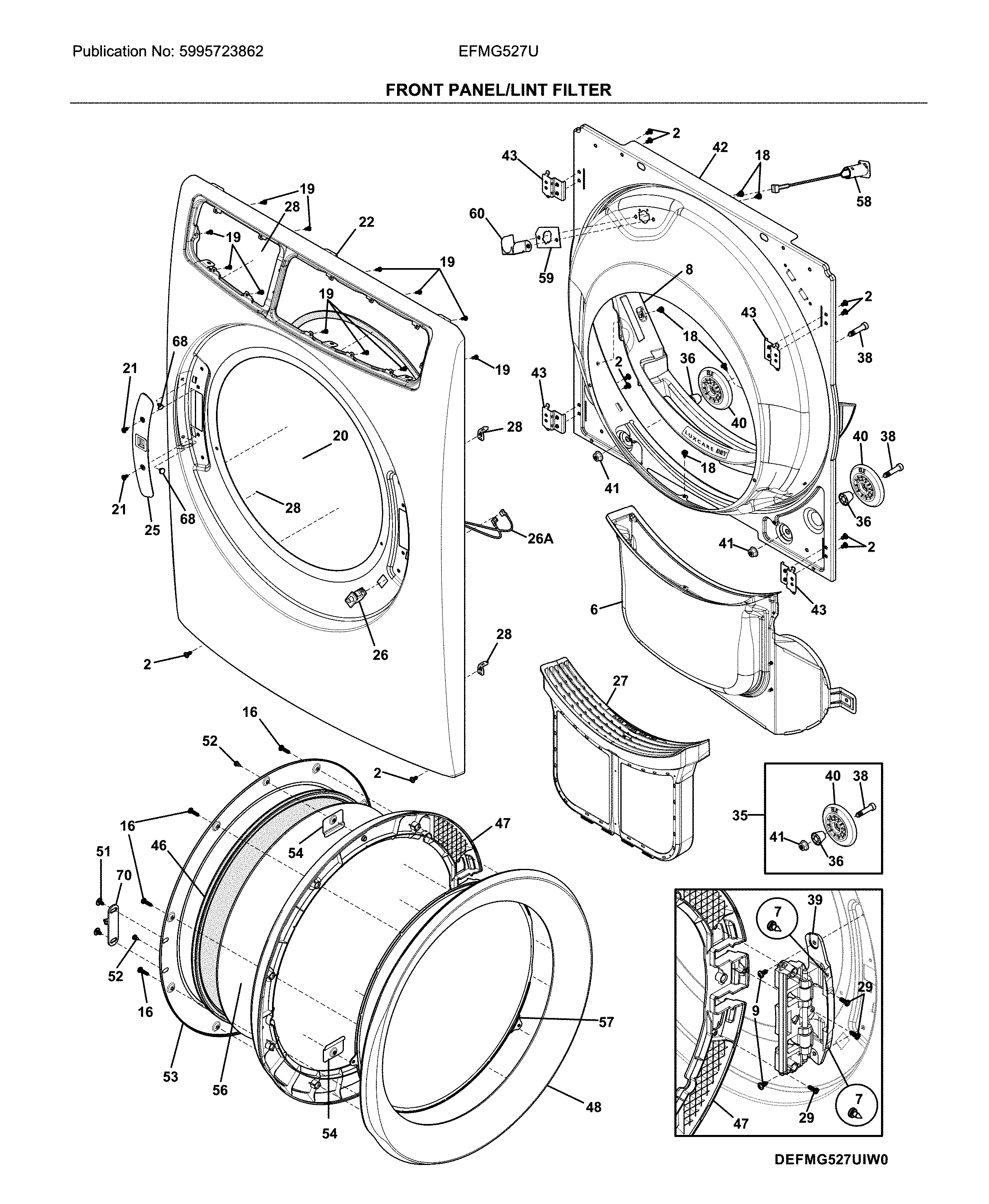 Electrolux EFMG527UIW0 front panel/lint filter diagram
