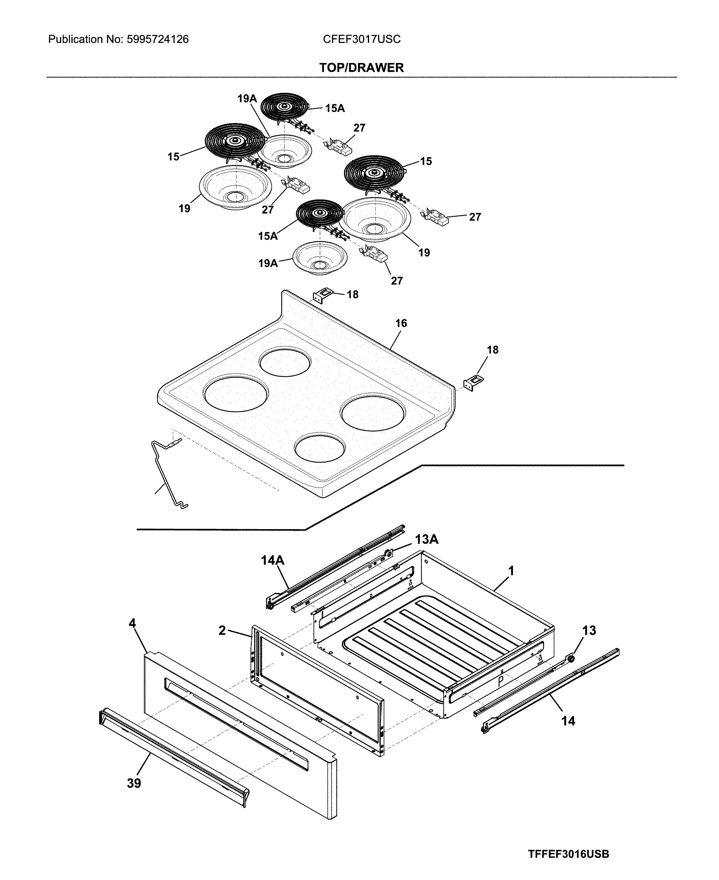 Frigidaire CFEF3017USC top/drawer diagram