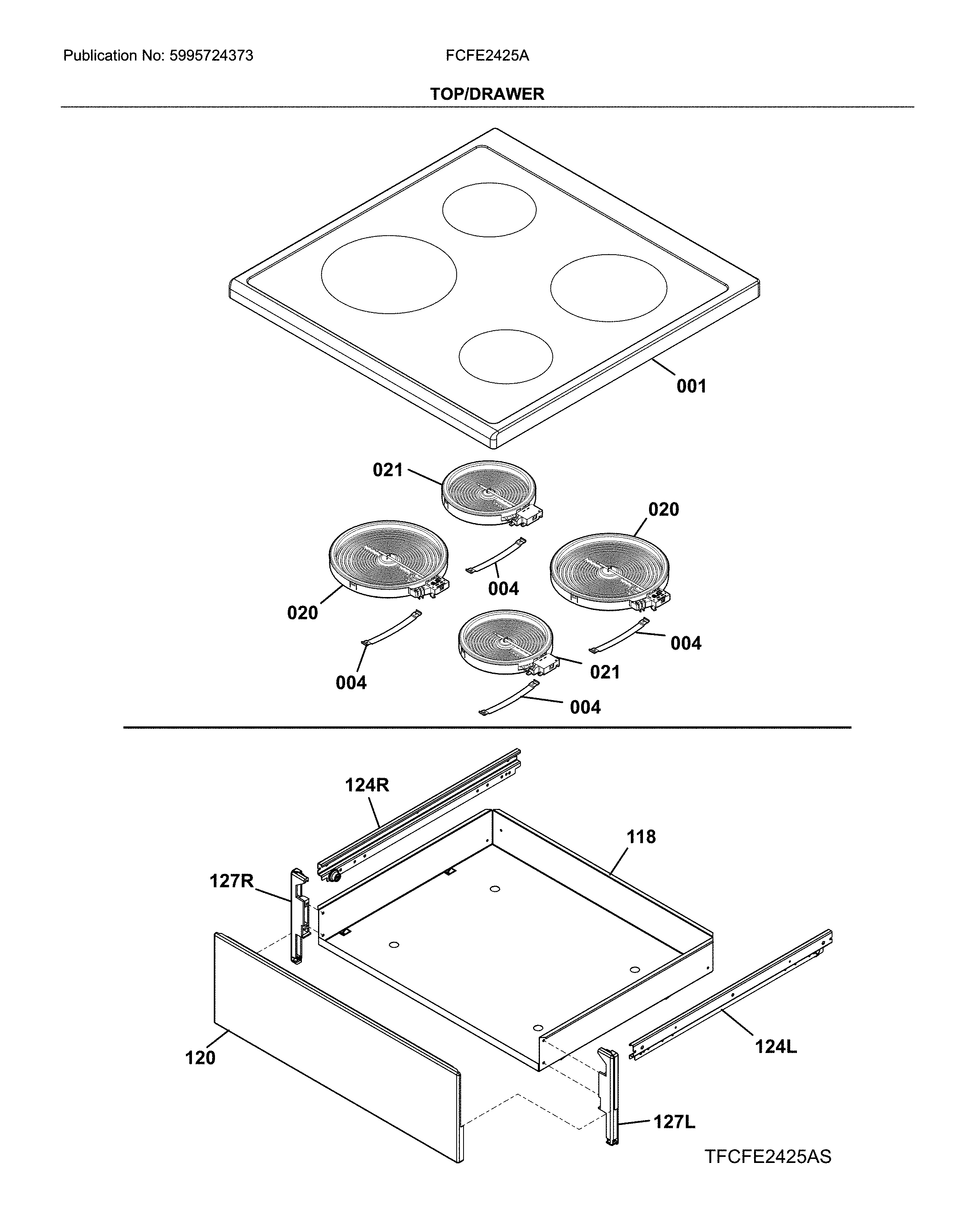 Frigidaire FCFE2425AW top/drawer diagram