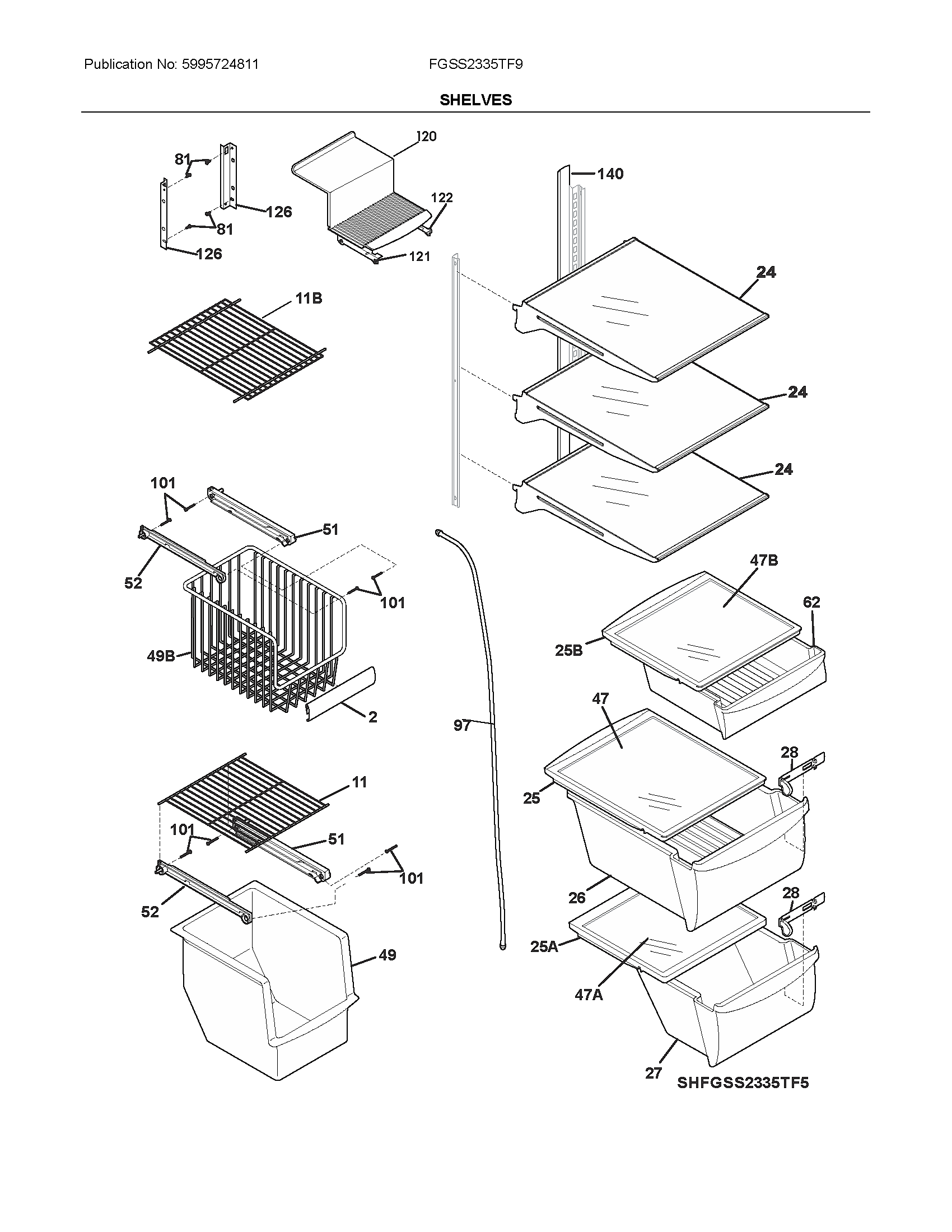 Frigidaire FGSS2335TF9 shelves diagram