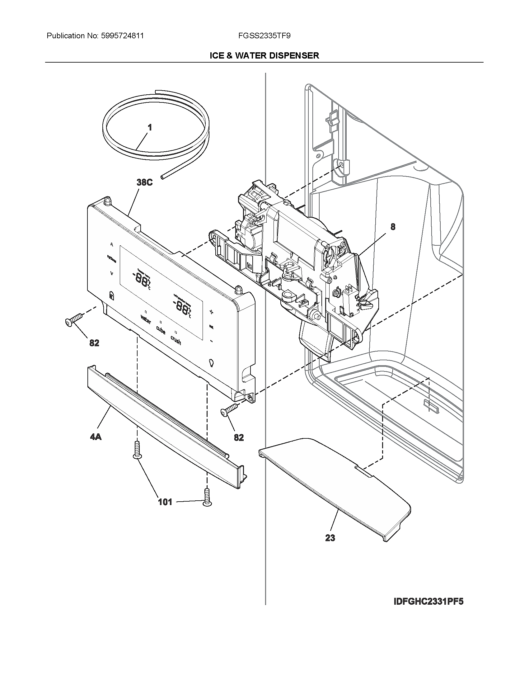 Frigidaire FGSS2335TF9 ice & water dispenser diagram