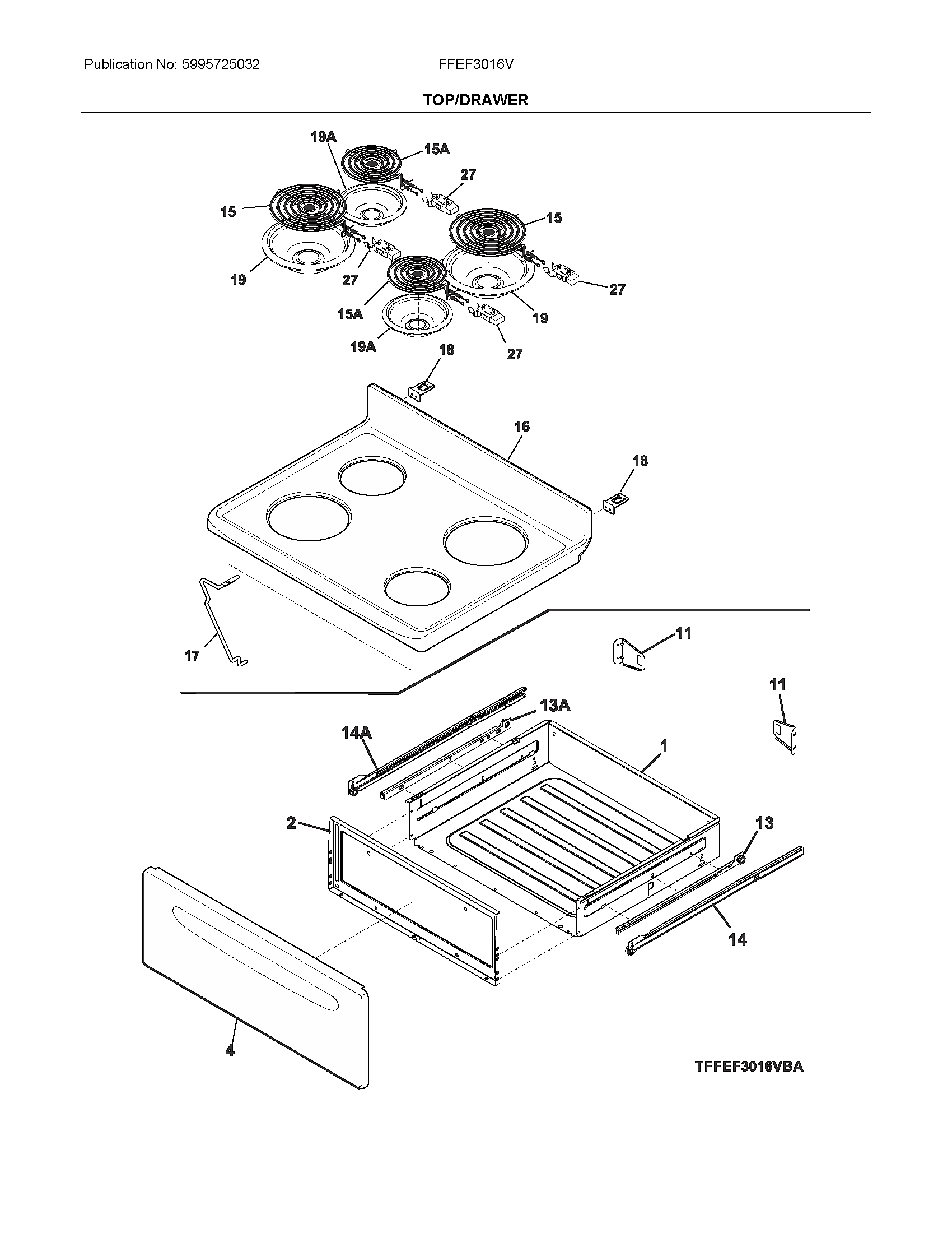 Frigidaire FFEF3016VWD top/drawer diagram