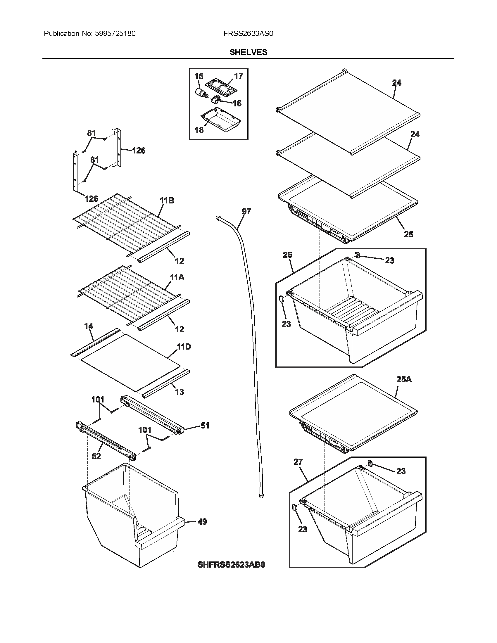 Frigidaire FRSS2633AS0 shelves diagram